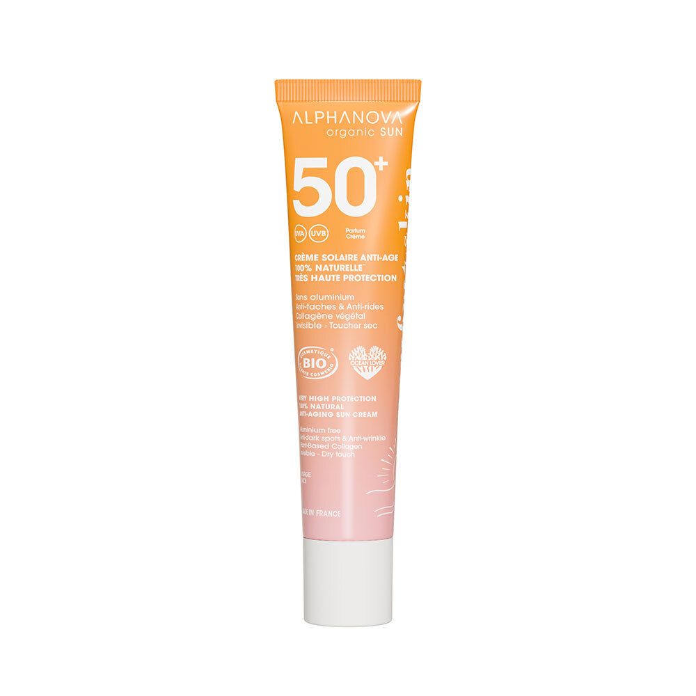 Tube de crème solaire orange et rose. Texte: Alphanova, SPF 50+, Crème solaire Anti-Age, certification Bio.