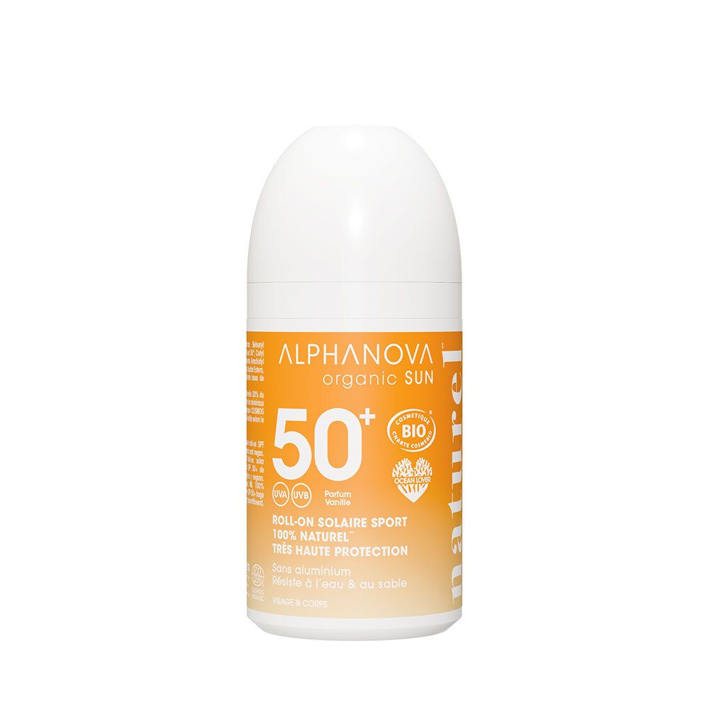 Flacon roll-on blanc avec étiquette orange. Texte: ALPHANOVA organic SUN, 50+, certification BIO. Protection solaire.