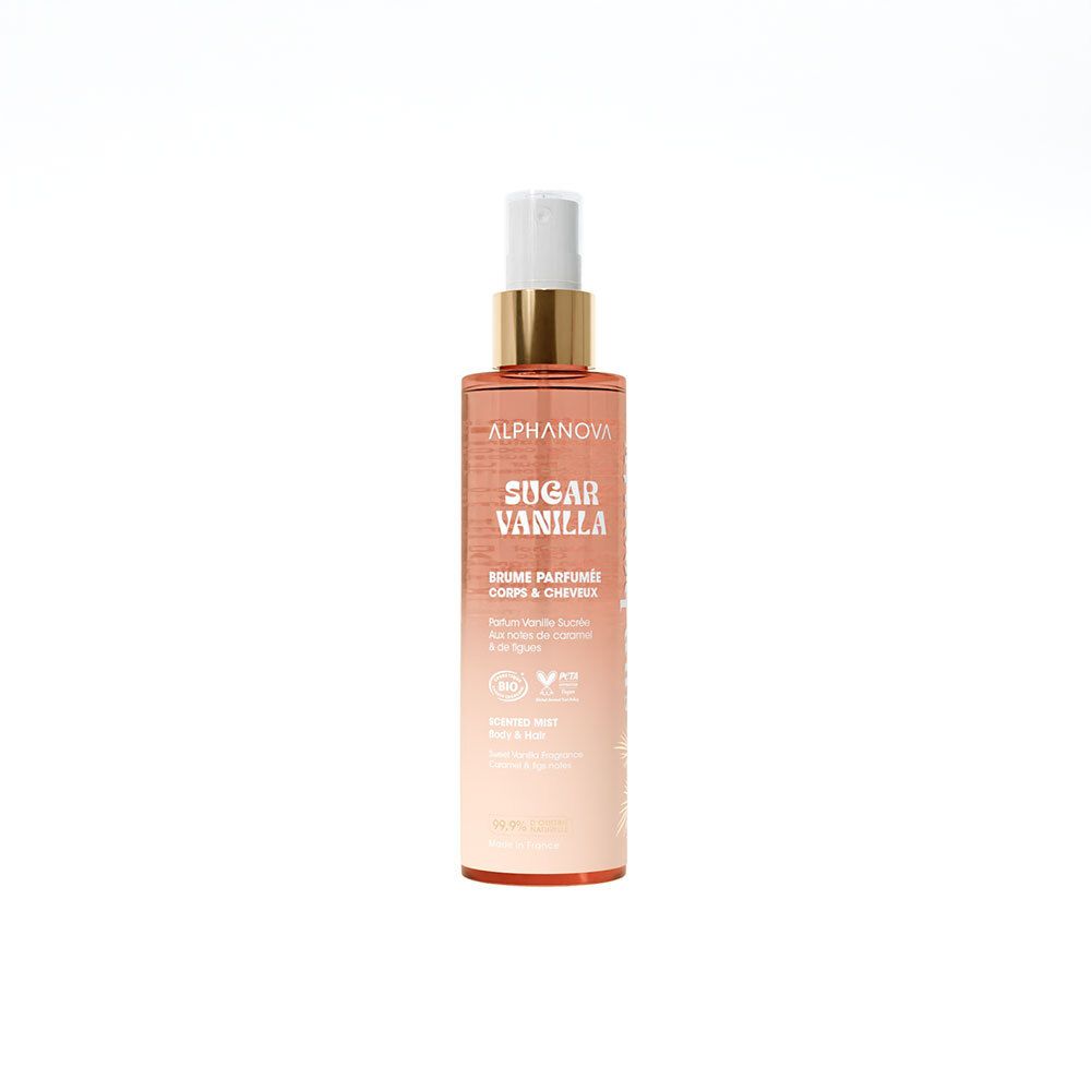 Flacon cylindrique avec vaporisateur. Inscription : Sugar Vanilla, Brume Parfumée Corps & Cheveux. Certification bio.