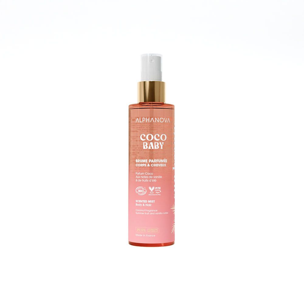 Flacon de brume parfumée corps et cheveux. Étiquette rose avec texte: Coco Baby, Brume Parfumée Corps & Cheveux. Tête de pulvérisation.