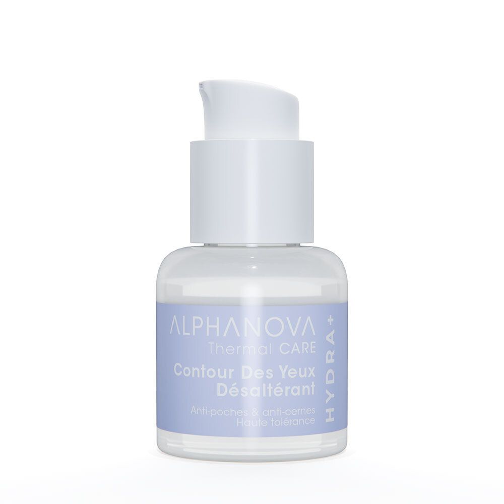 Petite bouteille transparente avec pompe blanche. L'étiquette indique "CONTOUR DES YEUX DÉSALTÉRANT".