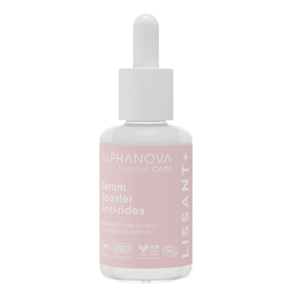 Flacon blanc avec pipette. Étiquette rose avec texte: ALPHA NOVA, Sérum Booster Anti-rides. Label vegan.