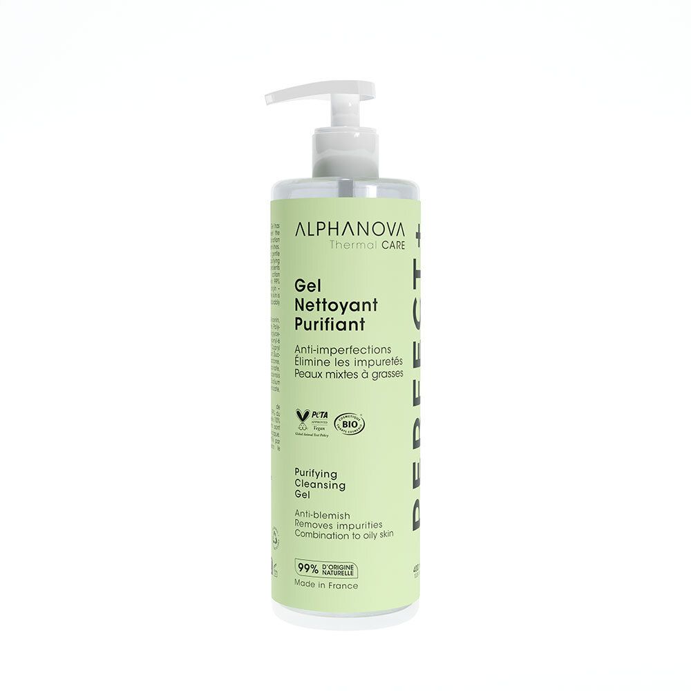 Flacon cylindrique avec pompe doseuse. Inscription: Gel Nettoyant Purifiant, Anti-imperfections. Emballage vert et blanc.