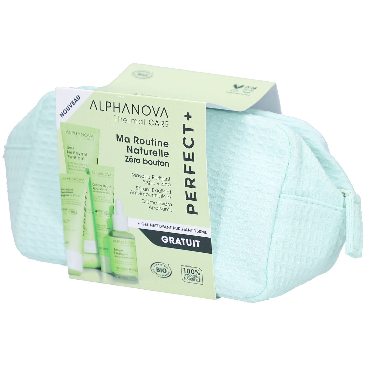 Trousse de toilette verte contenant des produits de soin. Emballage avec nom et logo du produit. Fermeture éclair.