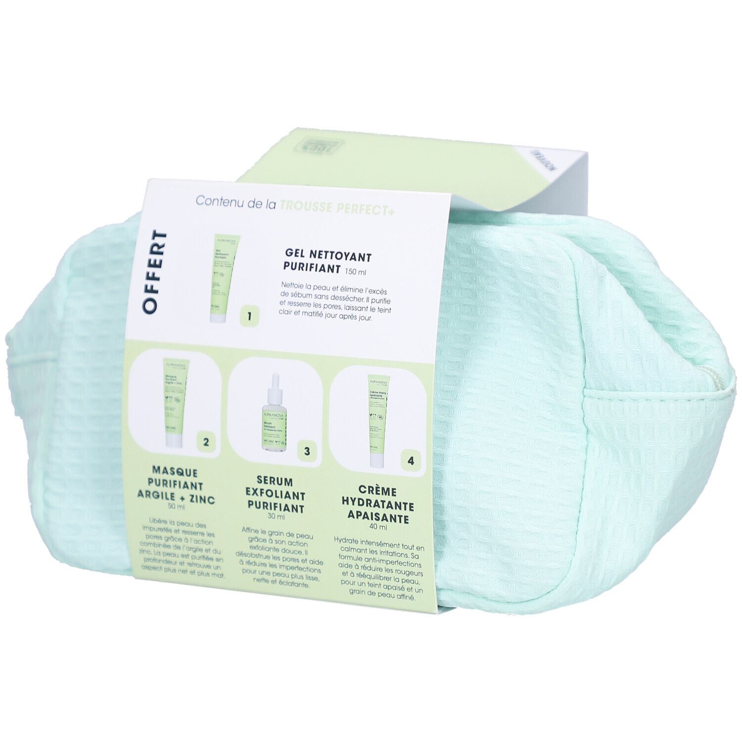 Trousse de toilette avec produits de soin. Aperçu des produits sur l'emballage. Trousse verte avec fermeture éclair.