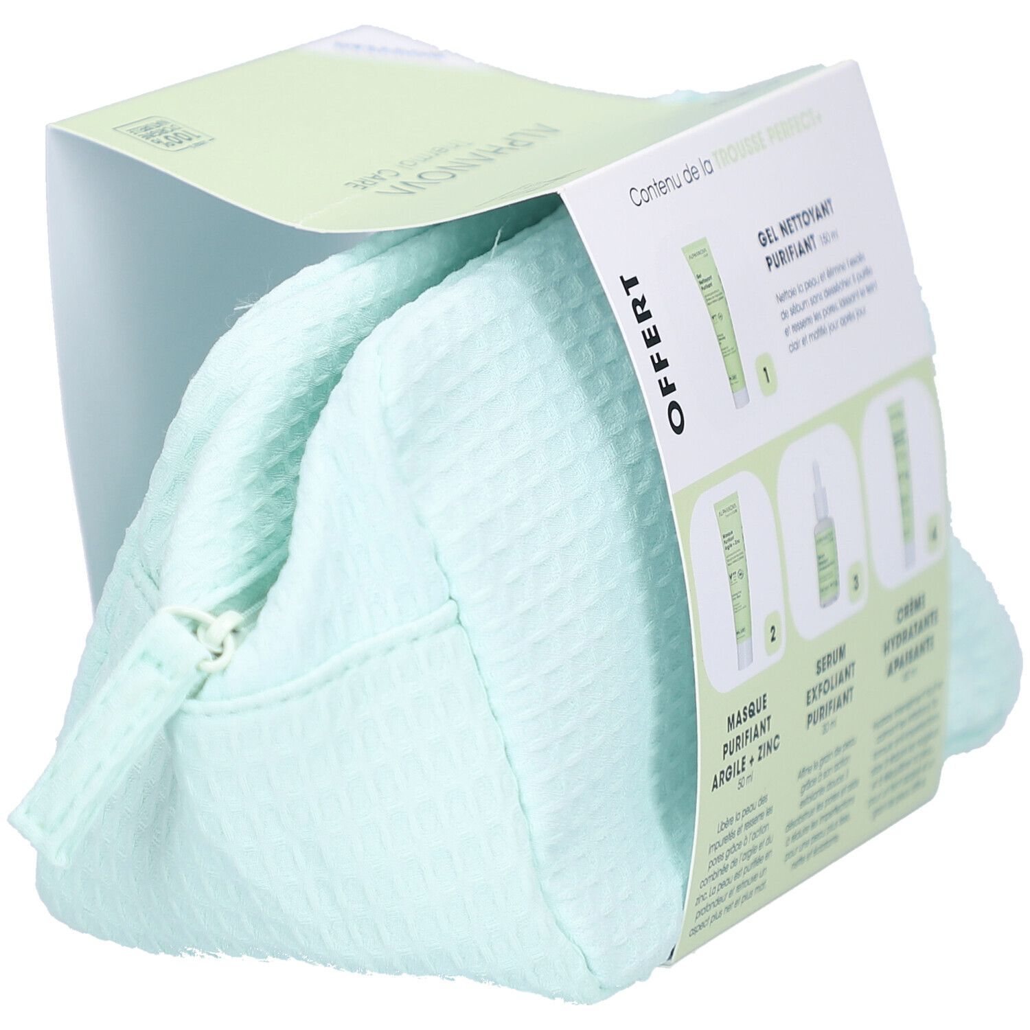 Trousse de toilette avec produits de soin. Aperçu des produits sur l'emballage. Trousse verte avec fermeture éclair.