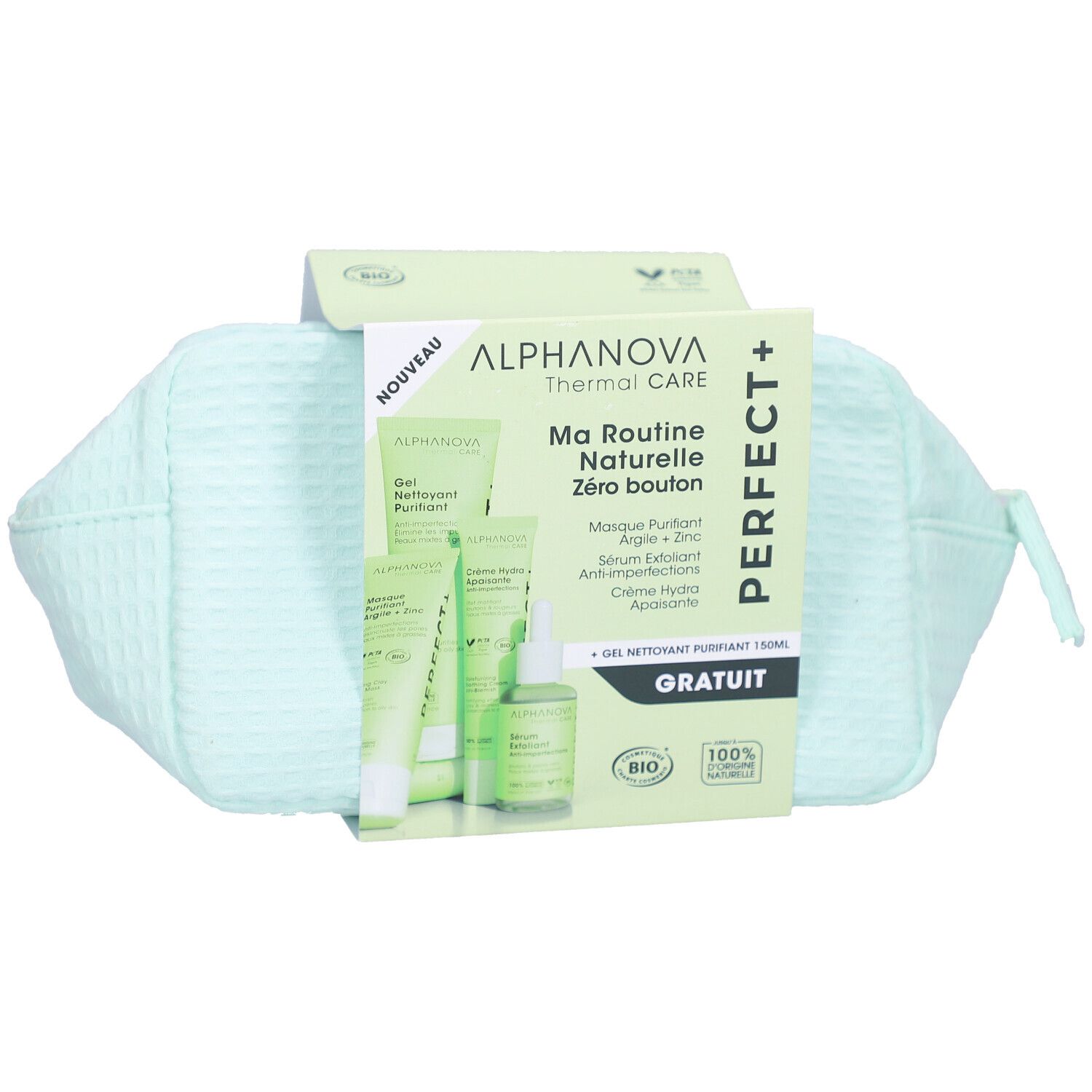 Trousse de toilette avec produits de soin. Emballage avec nom et logo du produit. Trousse verte avec fermeture éclair.