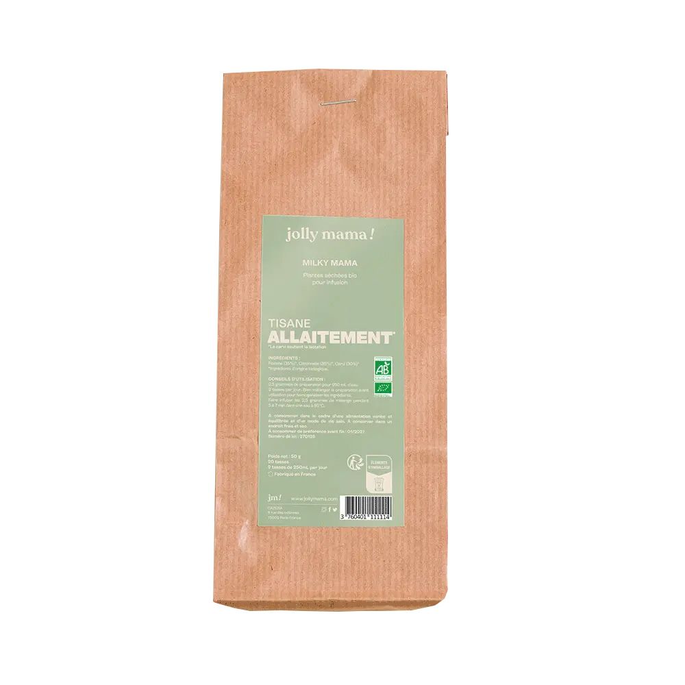 Sachet en papier brun avec une étiquette verte. L'étiquette indique "jolly mama!" et "TISANE ALLAITEMENT".