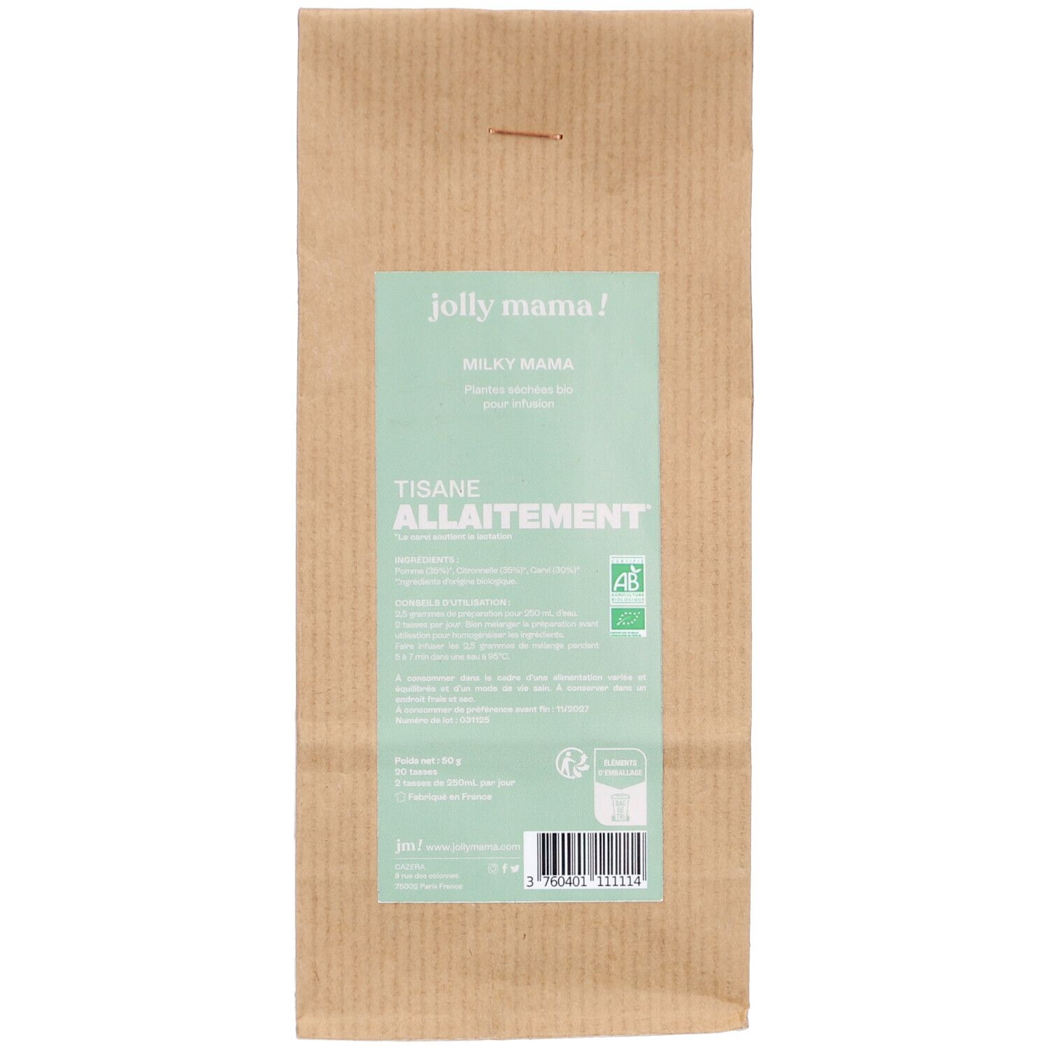 Sachet en papier brun avec une étiquette verte. L'étiquette indique "jolly mama!" et "TISANE ALLAITEMENT".