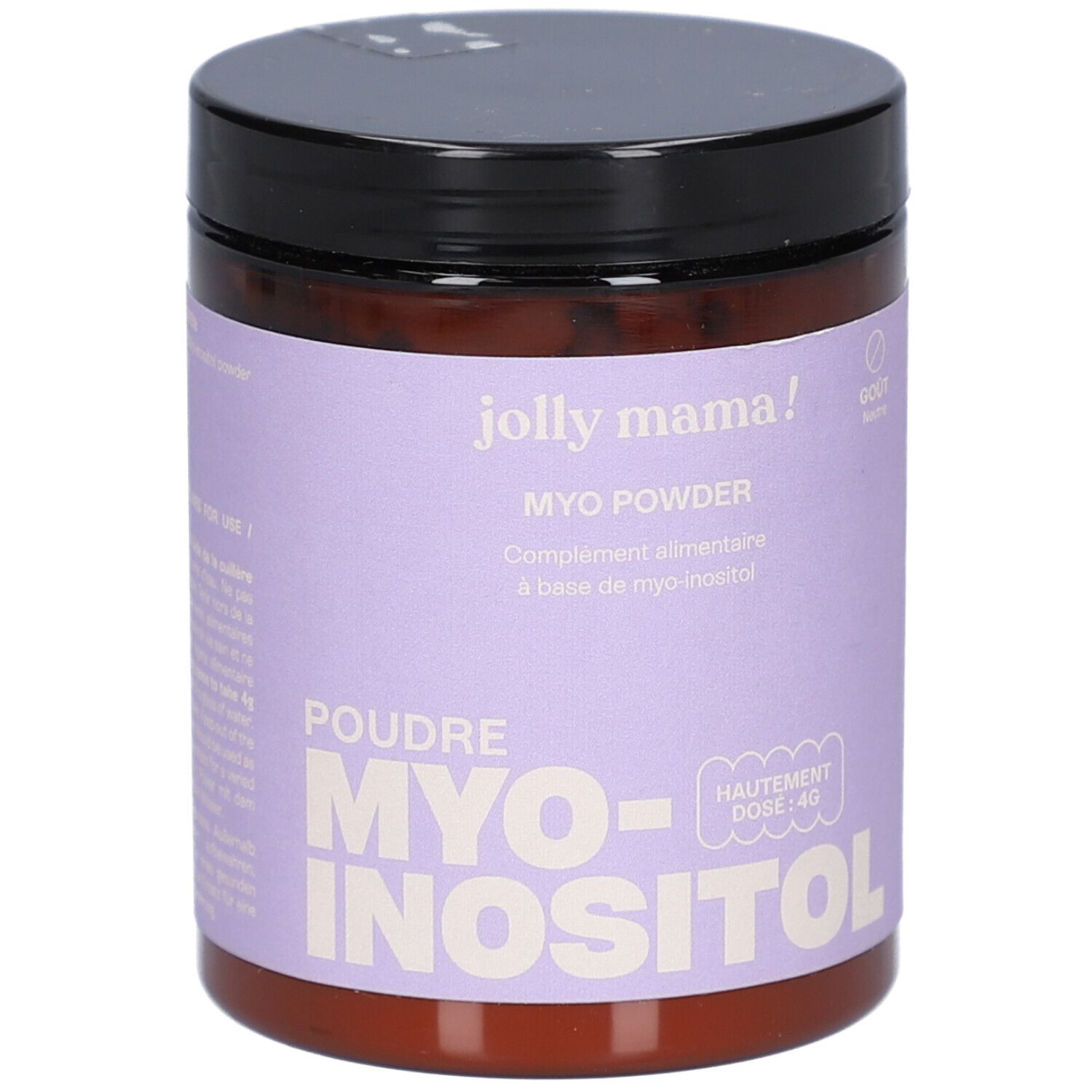 Boîte marron avec couvercle noir. Inscription : MYO Powder, MYO-INOSITOL. Étiquette violette avec informations.