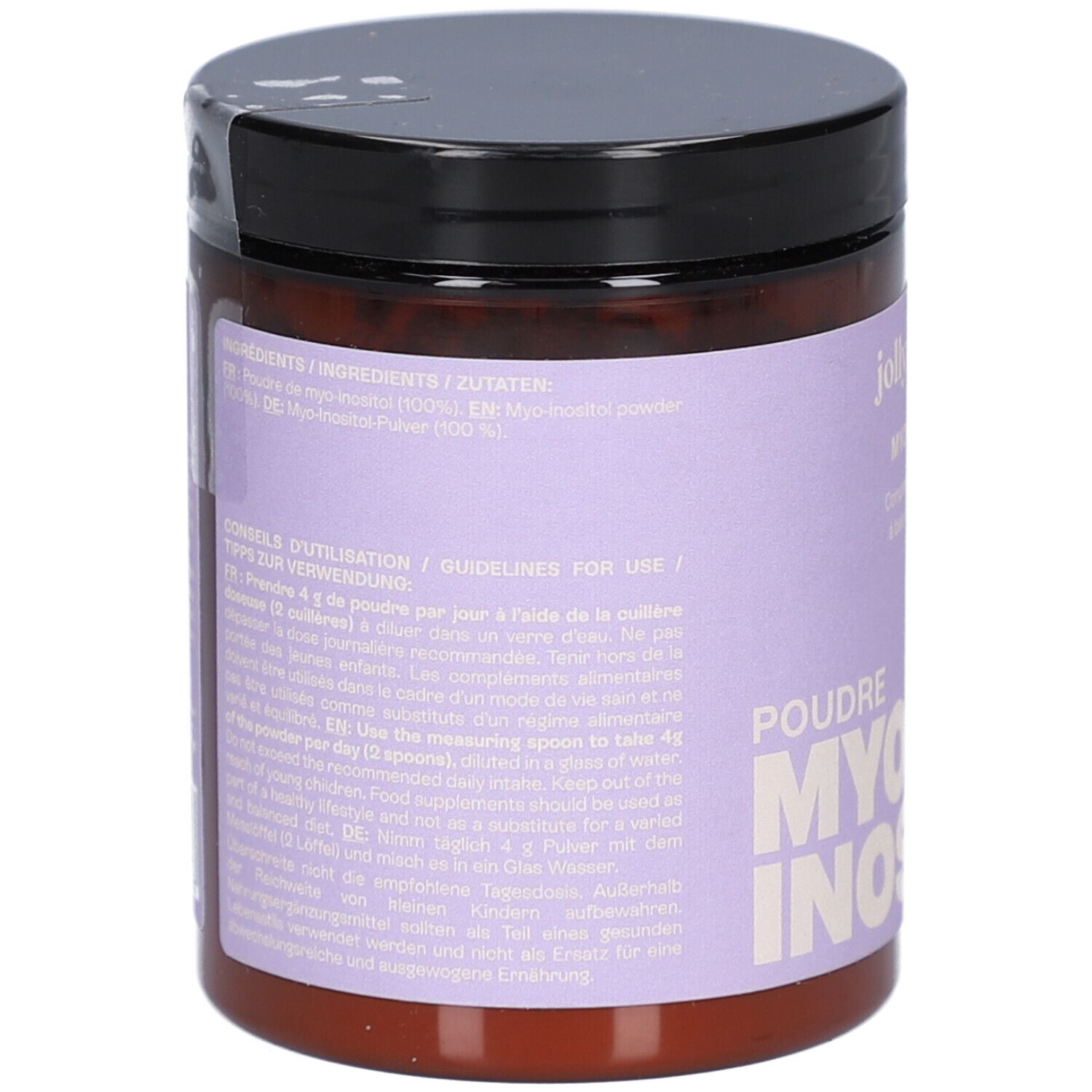 Boîte marron avec couvercle noir. Inscription : MYO Powder, MYO-INOSITOL. Étiquette violette avec informations.
