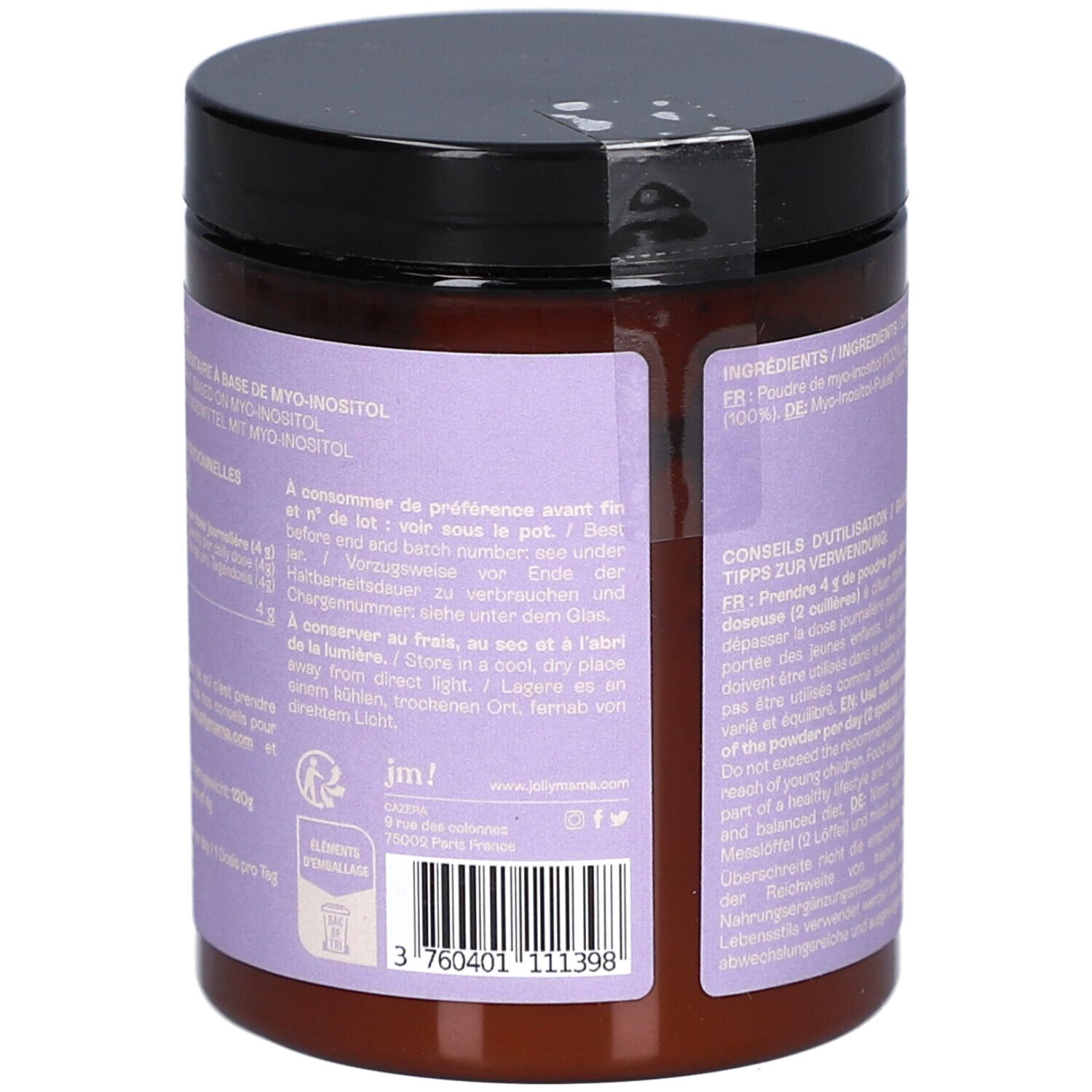 Boîte marron avec couvercle noir. Inscription : MYO Powder, MYO-INOSITOL. Étiquette violette avec informations.