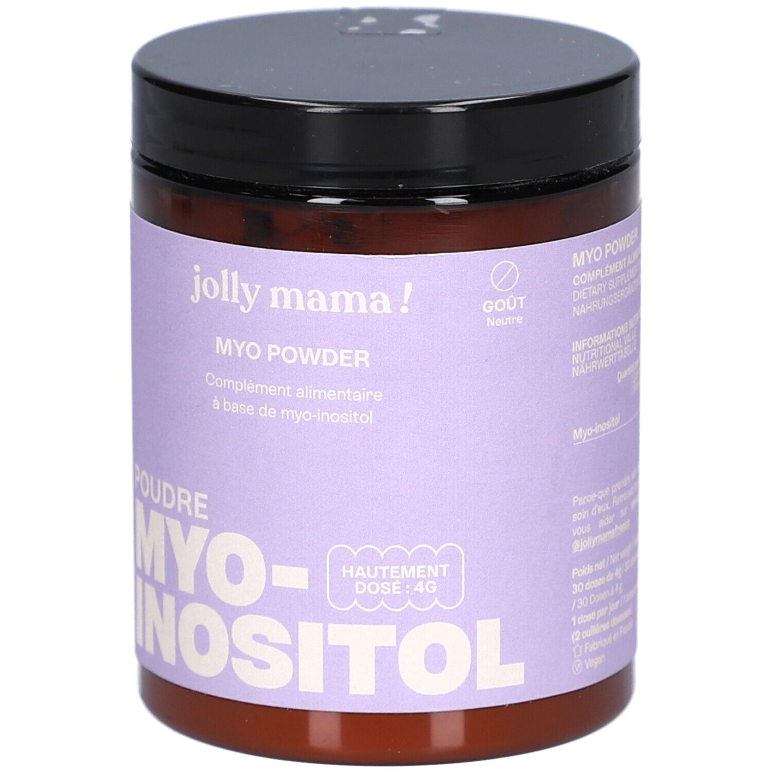 Boîte marron avec couvercle noir. Inscription : MYO Powder, MYO-INOSITOL. Étiquette violette avec informations.