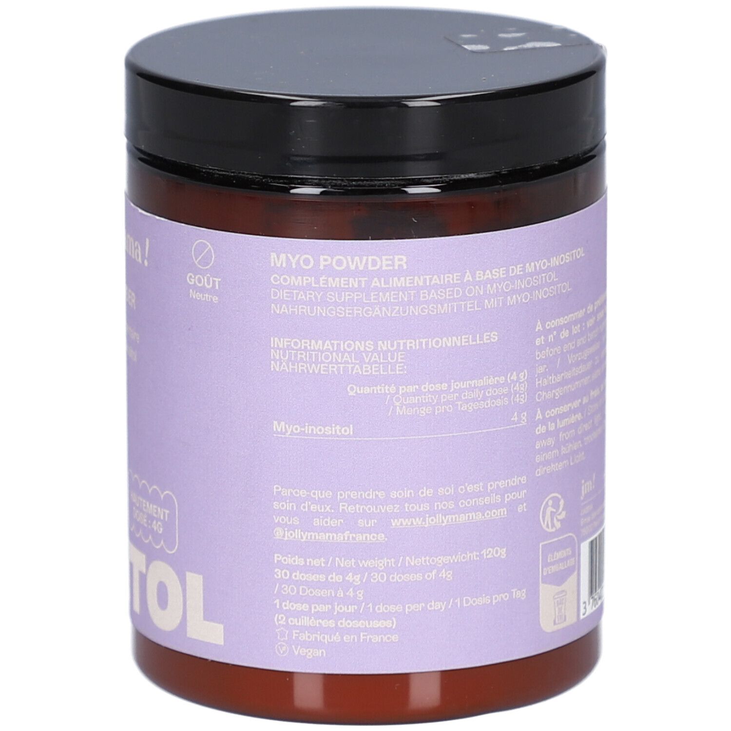 Boîte marron avec couvercle noir. Inscription : MYO Powder, MYO-INOSITOL. Étiquette violette avec informations.