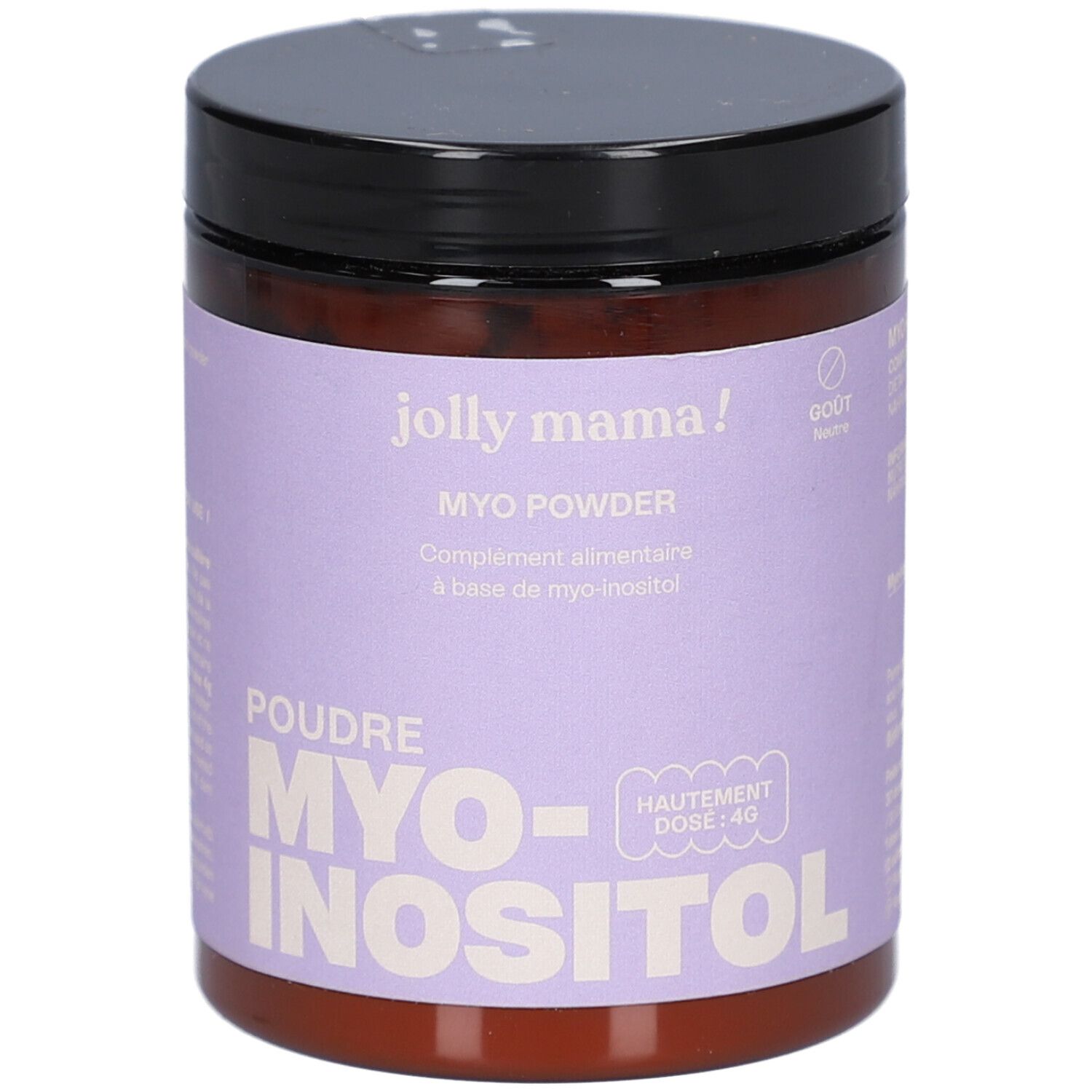 Boîte marron avec couvercle noir. Inscription : MYO Powder, MYO-INOSITOL. Étiquette violette avec informations.