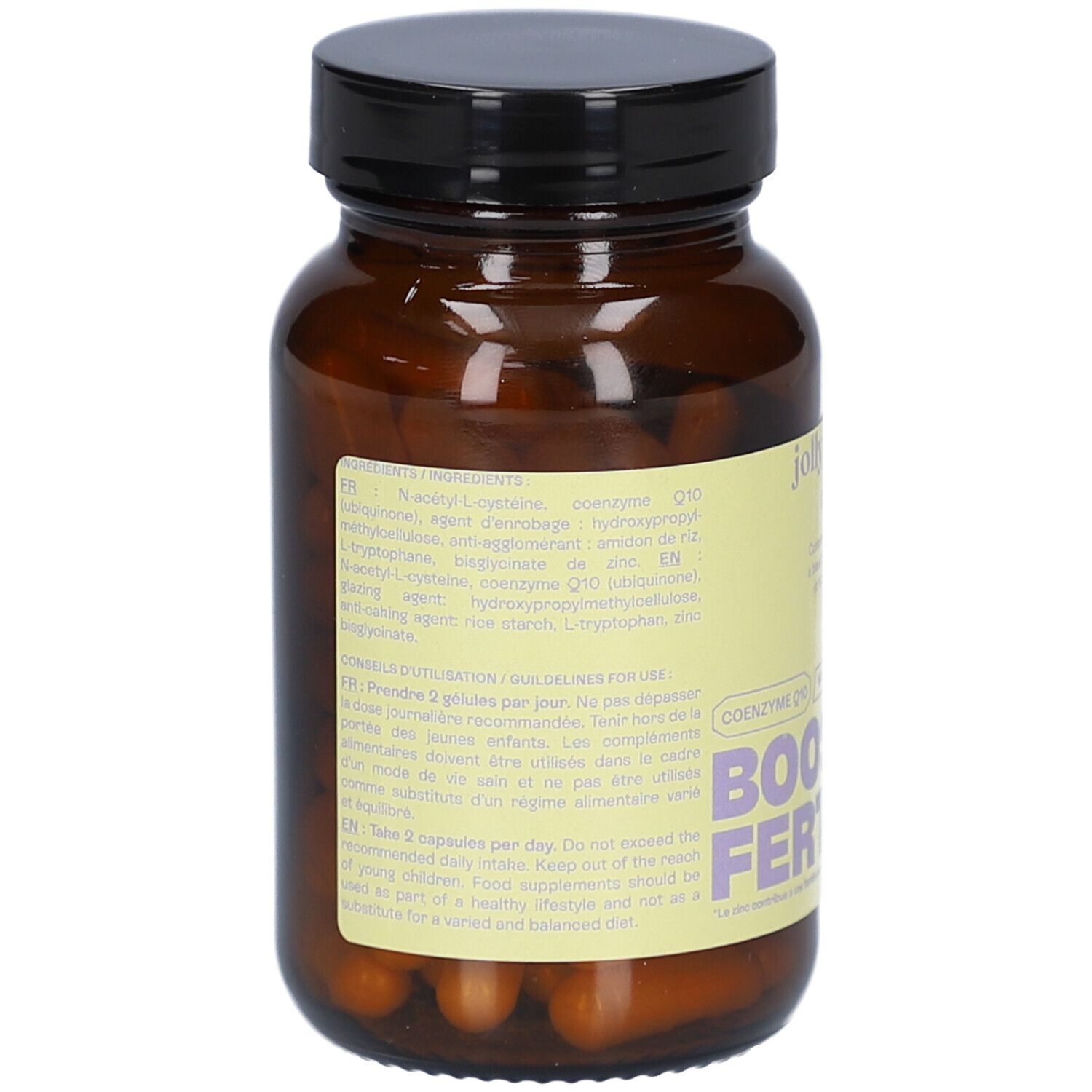 Flacon en verre brun avec bouchon noir. L'étiquette indique "jolly mama! OVO+" et "BOOST FERTILITÉ".