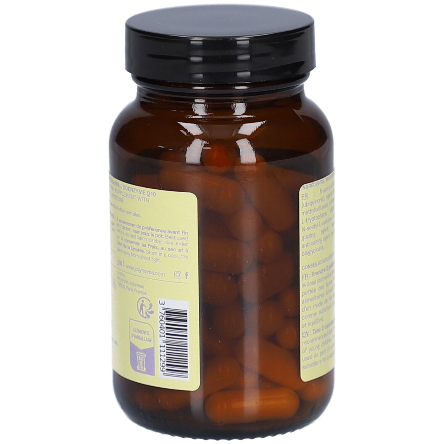 Flacon en verre brun avec bouchon noir. L'étiquette indique "jolly mama! OVO+" et "BOOST FERTILITÉ".