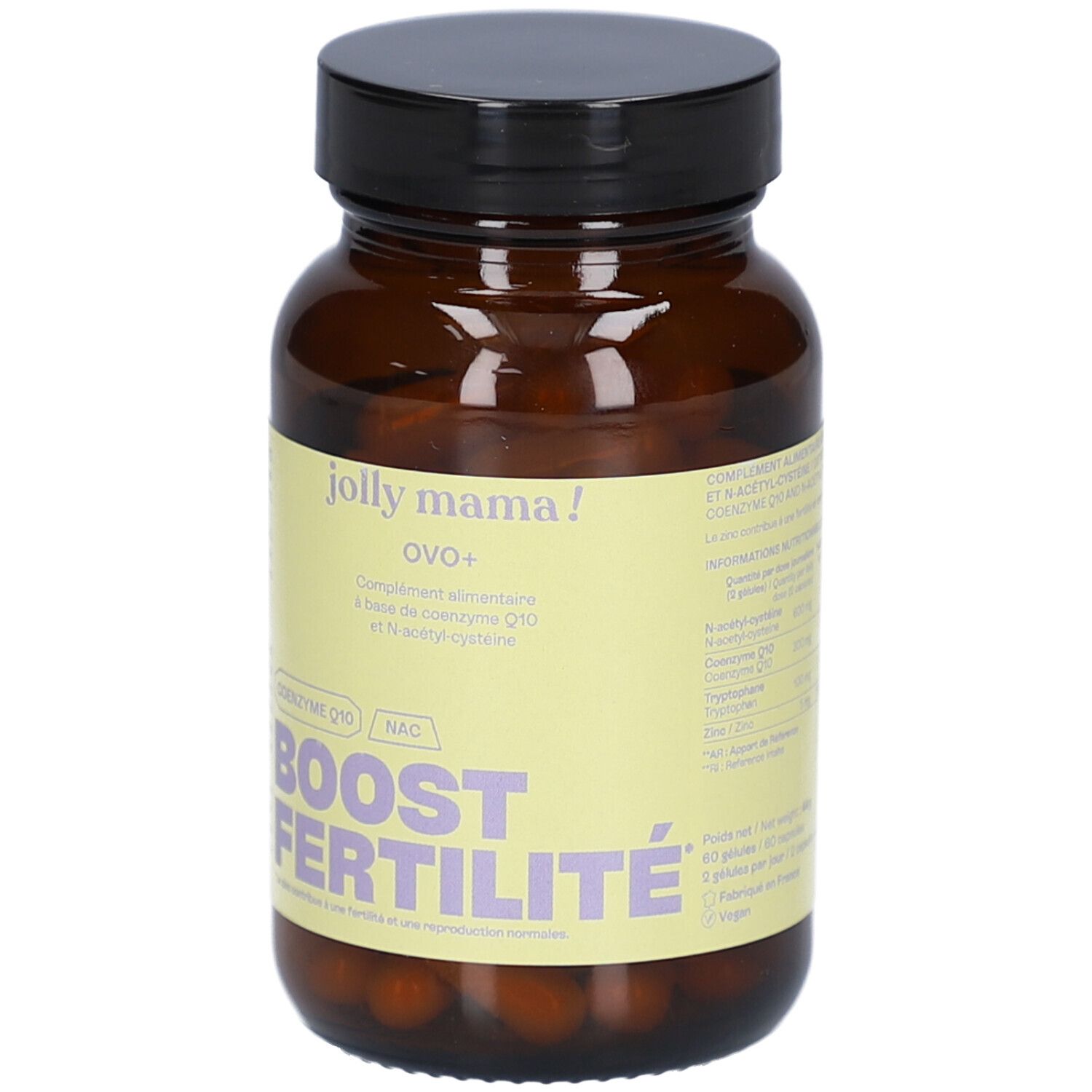 Flacon en verre brun avec bouchon noir. L'étiquette indique "jolly mama! OVO+" et "BOOST FERTILITÉ".