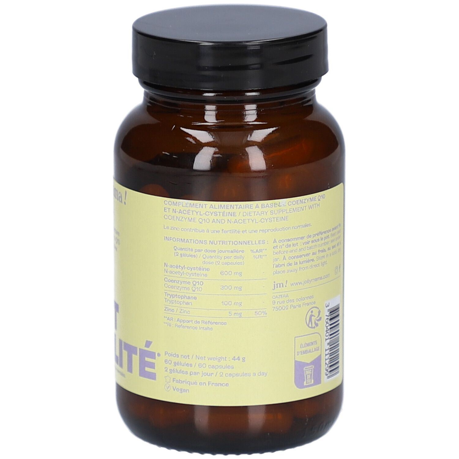 Flacon en verre brun avec bouchon noir. L'étiquette indique "jolly mama! OVO+" et "BOOST FERTILITÉ".