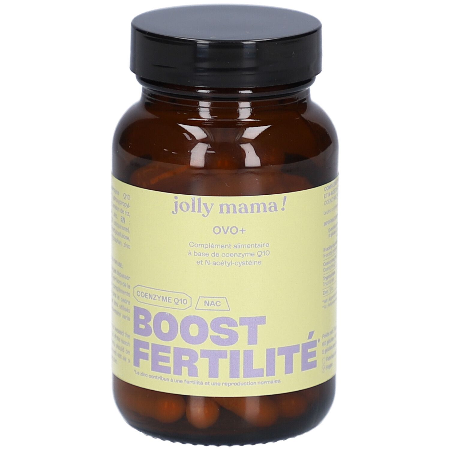 Flacon en verre brun avec bouchon noir. L'étiquette indique "jolly mama! OVO+" et "BOOST FERTILITÉ".