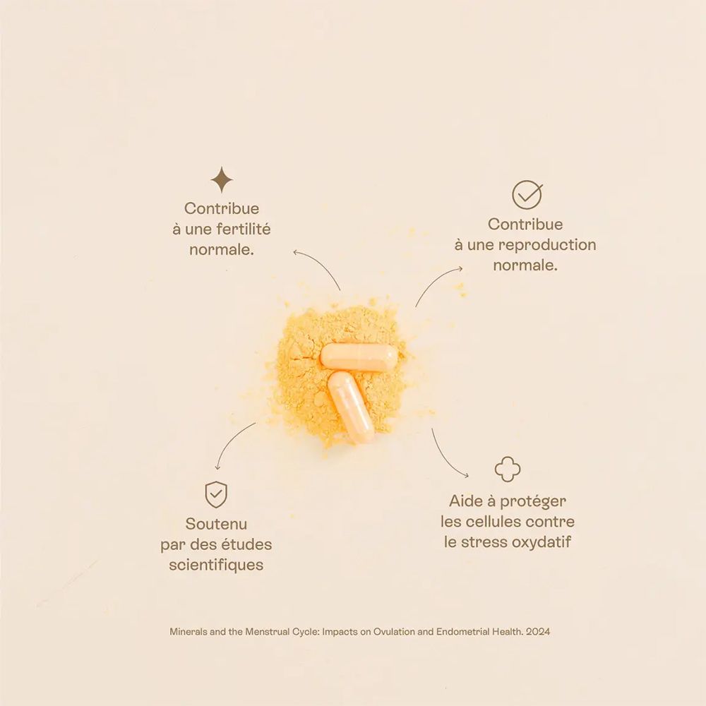 Deux gélules sur poudre jaune. Flèches pointent vers textes: "Contribue à une fertilité normale", "Soutenu par des études scientifiques".
