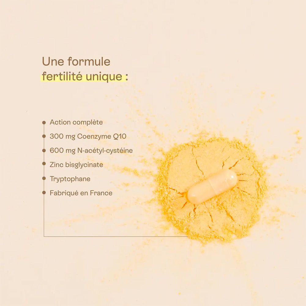 Deux gélules sur poudre jaune. Texte: "Une formule fertilité unique :" et puces.