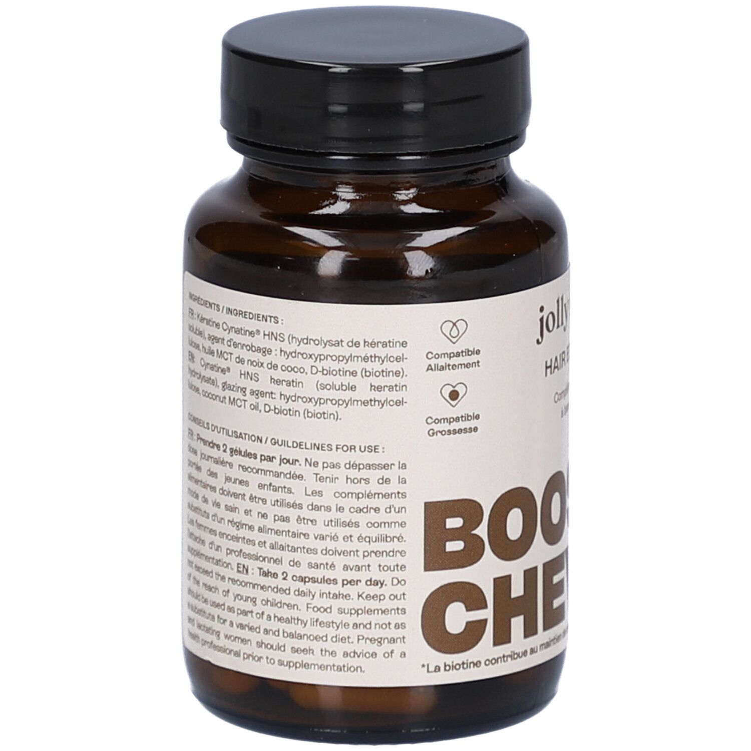 Flacon brun avec texte. Inscription: Jolly Mama! Hair Essentials. BOOST CHEVEUX. Texte: Ingrédients, utilisation.