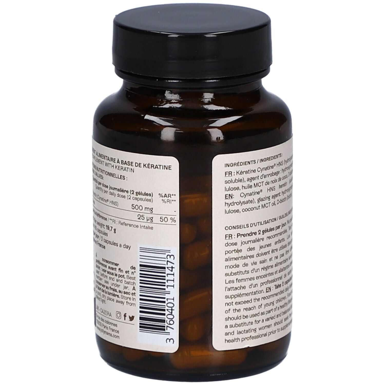 Flacon brun avec texte. Inscription: Jolly Mama! Hair Essentials. BOOST CHEVEUX. Texte: Informations nutritionnelles, ingrédients.