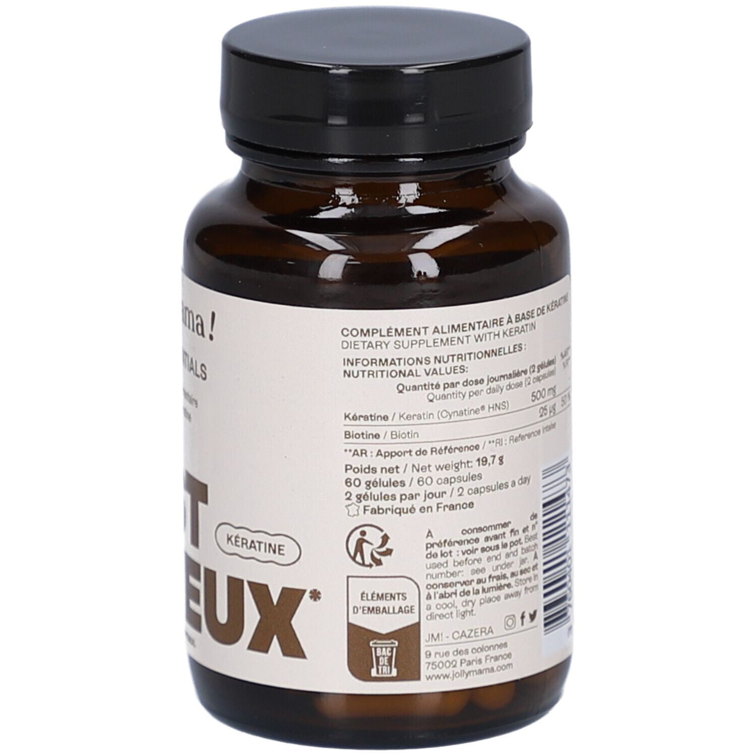 Flacon brun avec texte. Inscription: Jolly Mama! Hair Essentials. BOOST CHEVEUX. Texte: Informations nutritionnelles, ingrédients.