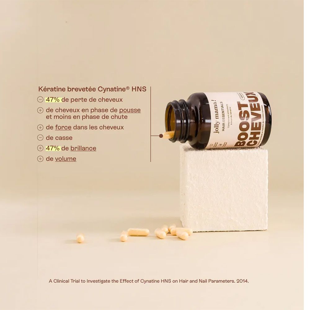 Flacon avec gélules et texte. Texte: Kératine, 47% moins de perte de cheveux, de force dans les cheveux.