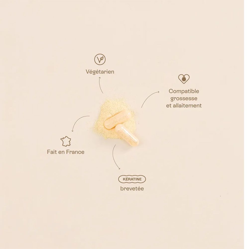 Gélules avec texte. Texte: Végétarien, Fabriqué en France, Compatible grossesse et allaitement.