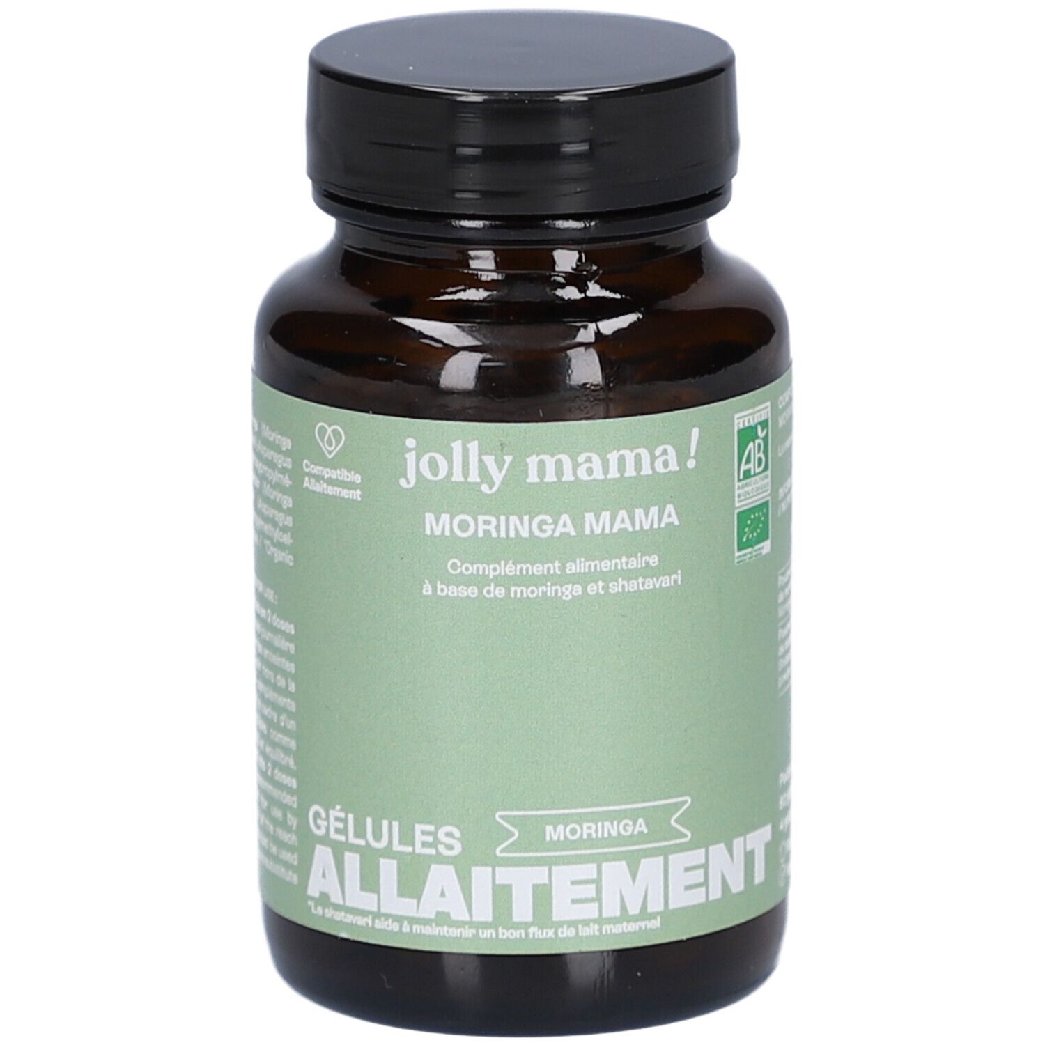 Flacon brun, bouchon noir. Étiquette verte et blanche : Jolly Mama Moringa Mama. Logos vegan et bio.