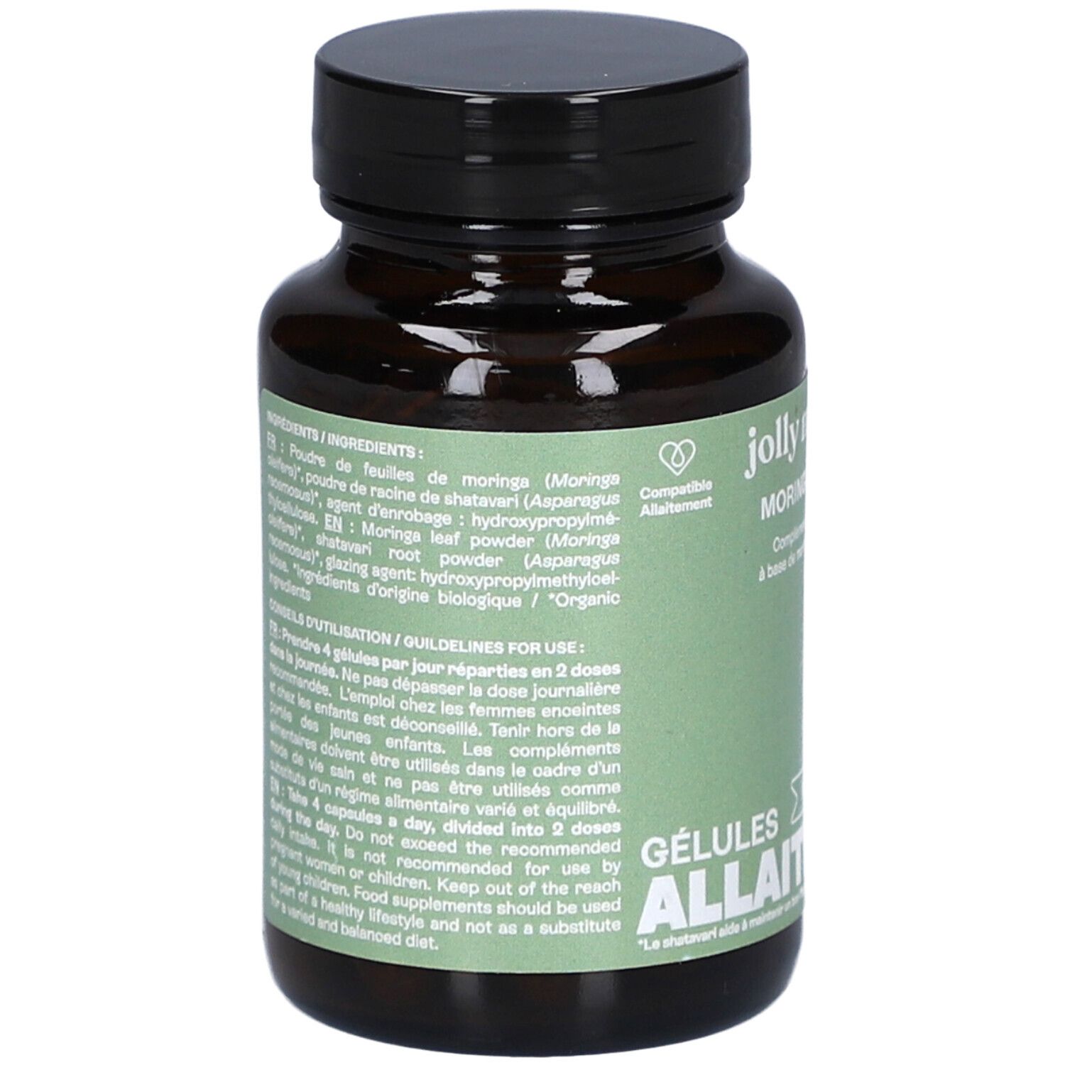 Flacon brun, bouchon noir. Étiquette verte et blanche : Jolly Mama Moringa Mama. Liste des ingrédients et utilisation.