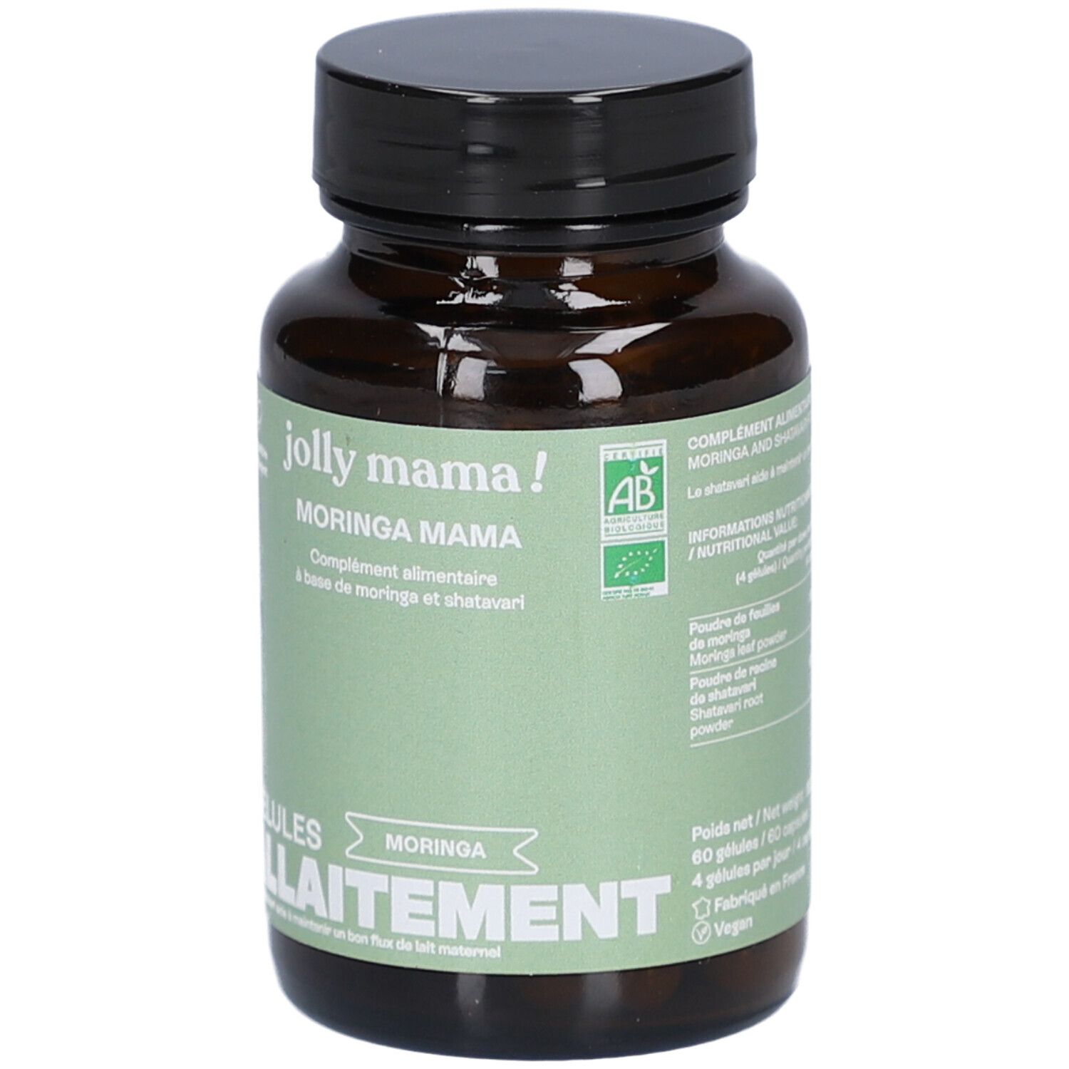 Flacon brun, bouchon noir. Étiquette verte et blanche : Jolly Mama Moringa Mama. Logos vegan et bio.