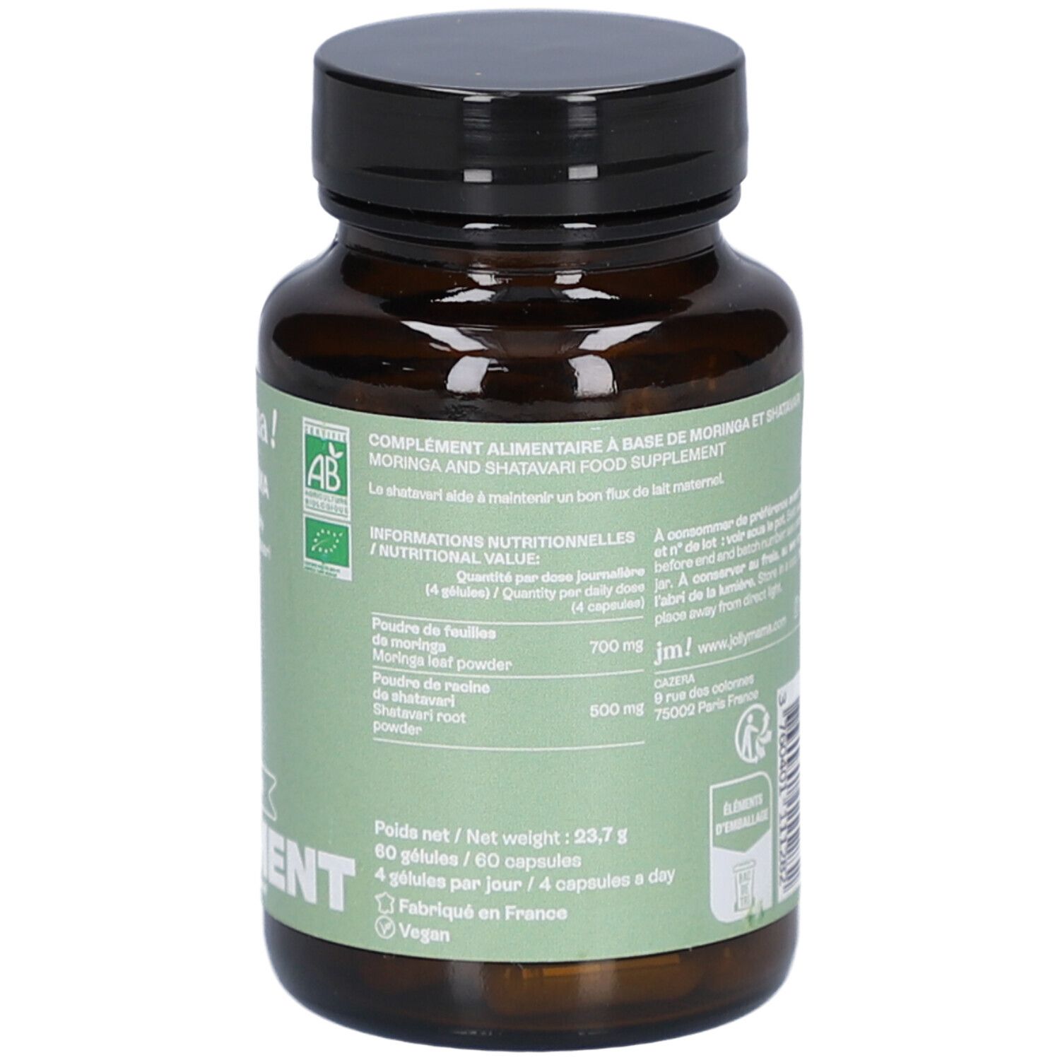 Flacon brun, bouchon noir. Étiquette verte et blanche : Jolly Mama Moringa Mama. Informations nutritionnelles et ingrédients.