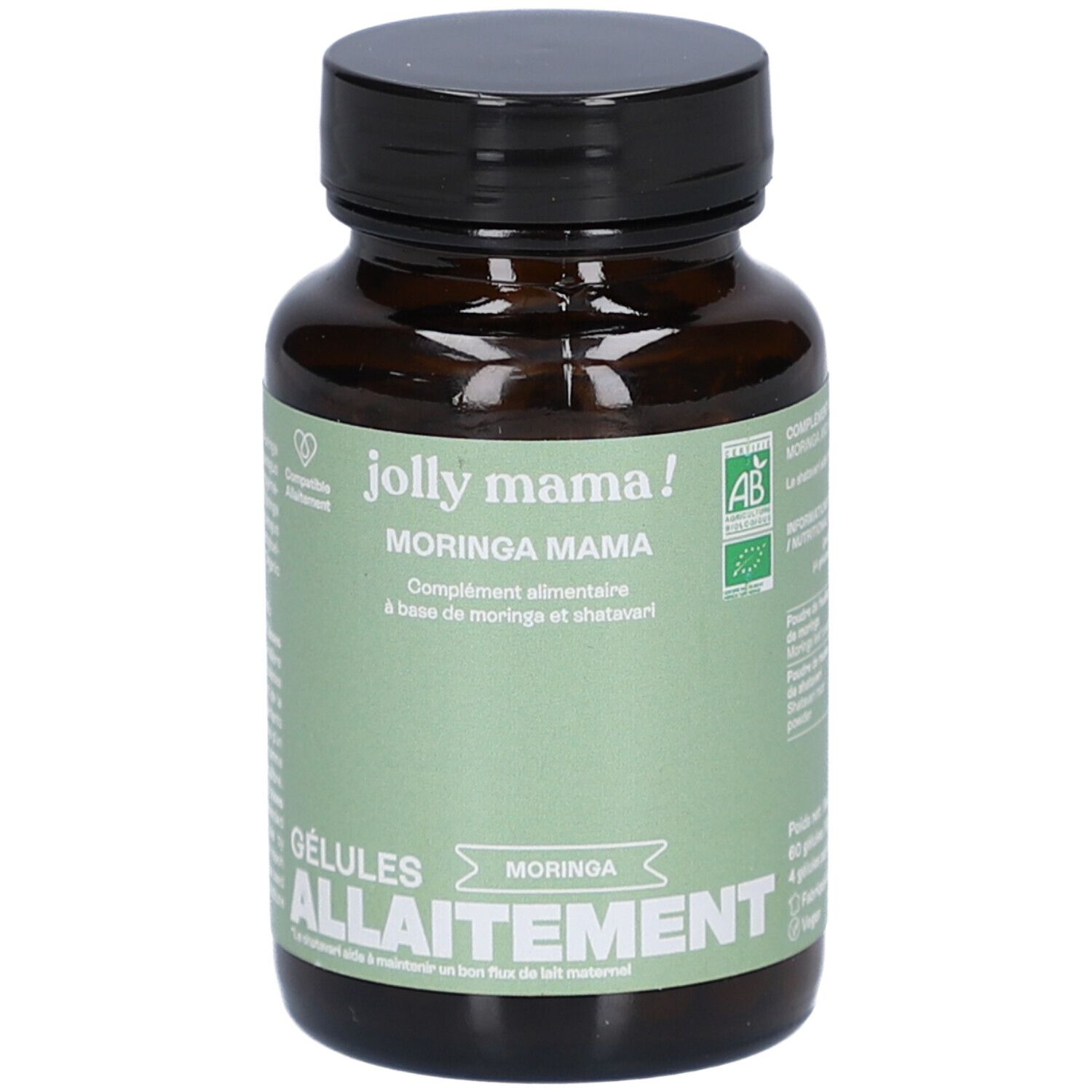 Flacon brun, bouchon noir. Étiquette verte et blanche : Jolly Mama Moringa Mama. Logos vegan et bio.