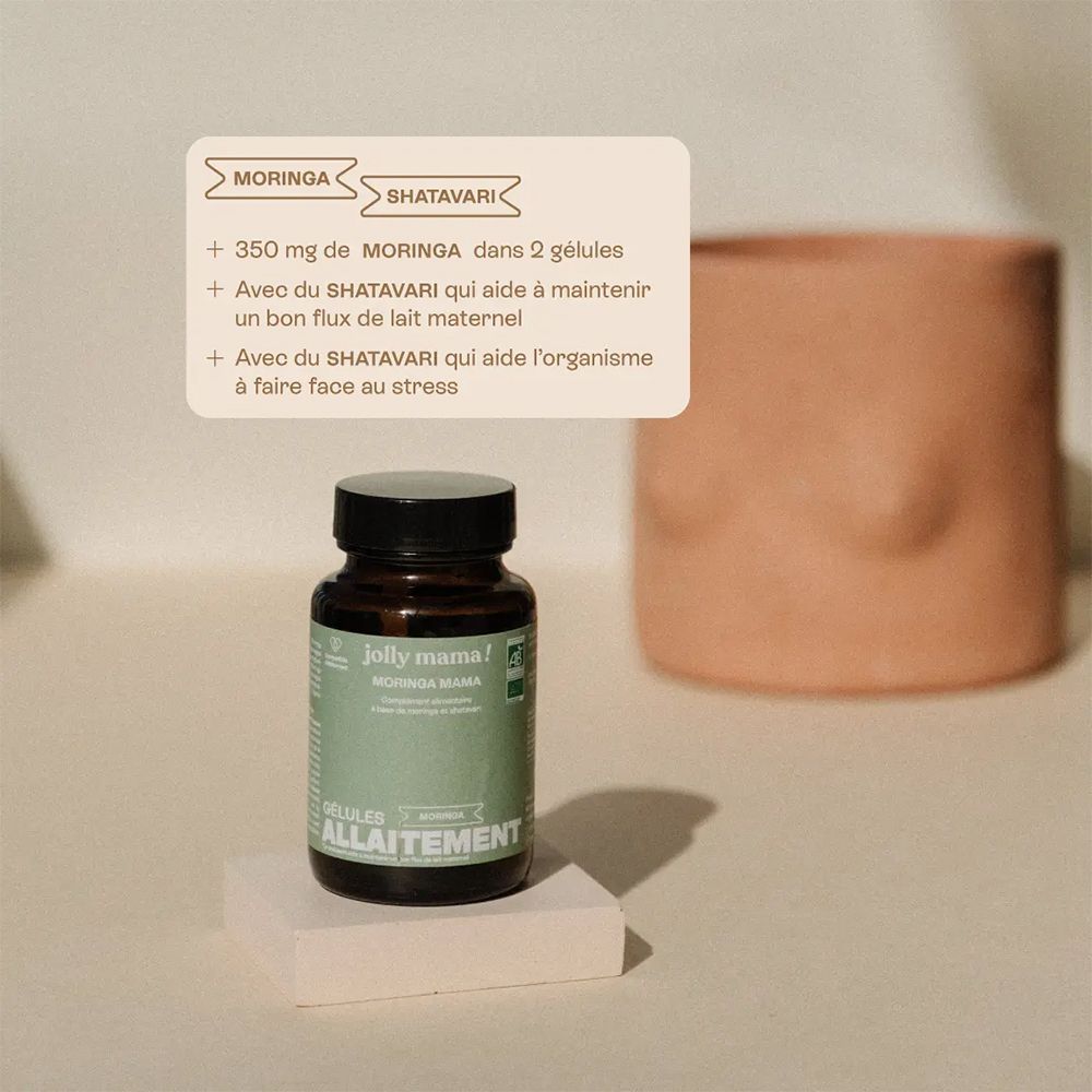 Flacon avec gélules sur socle. Texte : 350 mg Moringa dans 2 gélules. Avec Shatavari. Soutient le flux de lait. Anti-stress.