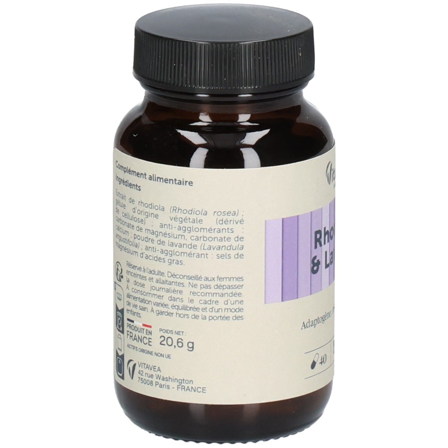 Dos du flacon en verre brun. Étiquette avec ingrédients et informations. Marque: Vitaeave Santé. Fabriqué en France. Poids net: 20,6 g.