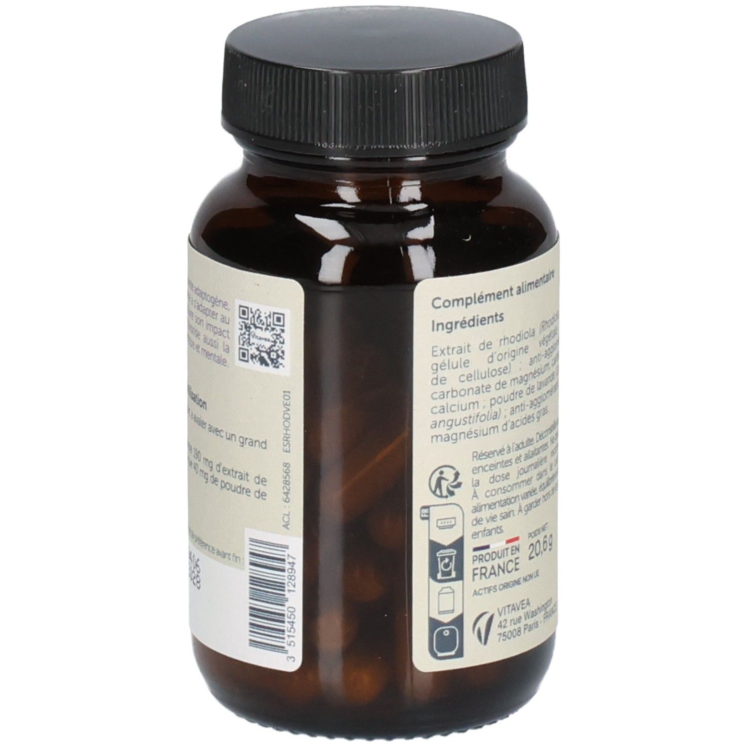 Flacon en verre brun, vue latérale. Étiquette avec ingrédients et code QR. Marque: Vitaeave Santé. Fabriqué en France. Poids net: 20,6 g.