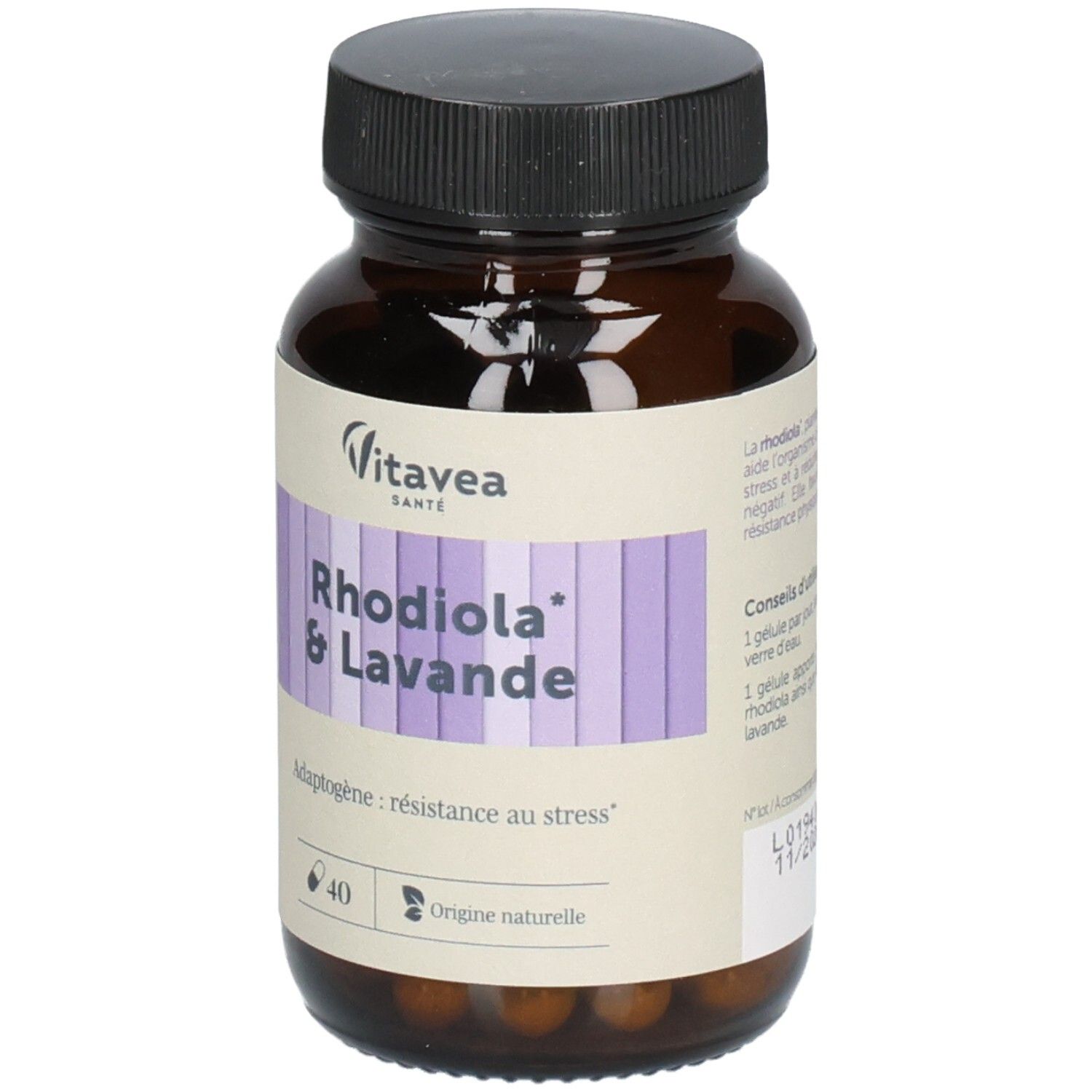 Flacon en verre brun, bouchon noir. Étiquette avec rayures violettes et texte: Rhodiola & Lavande. Marque: Vitaeave Santé. 40 gélules. Date de péremption.