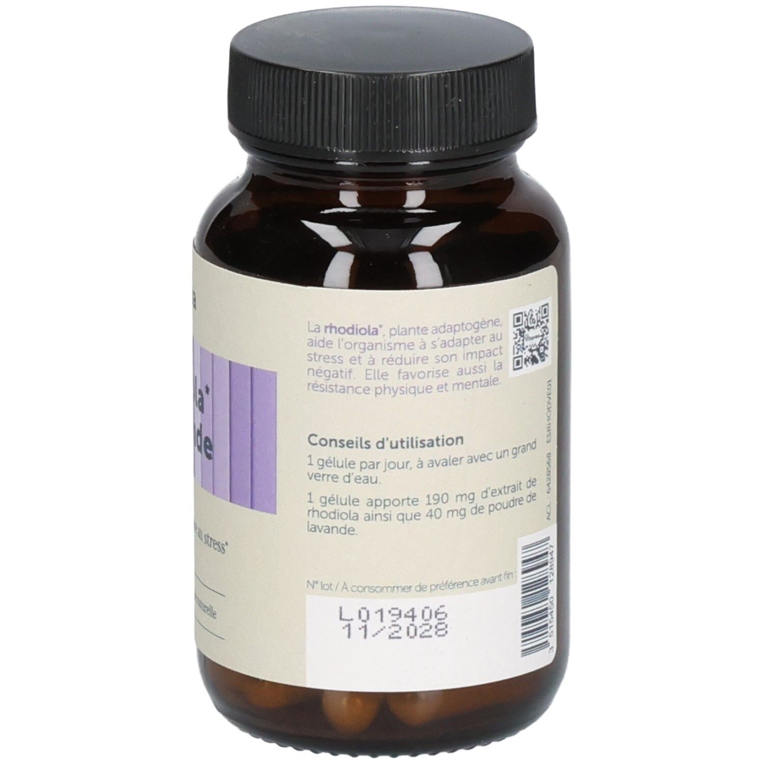 Dos du flacon en verre brun. Étiquette avec conseils d'utilisation et date de péremption. Marque: Vitaeave Santé. Fabriqué en France.