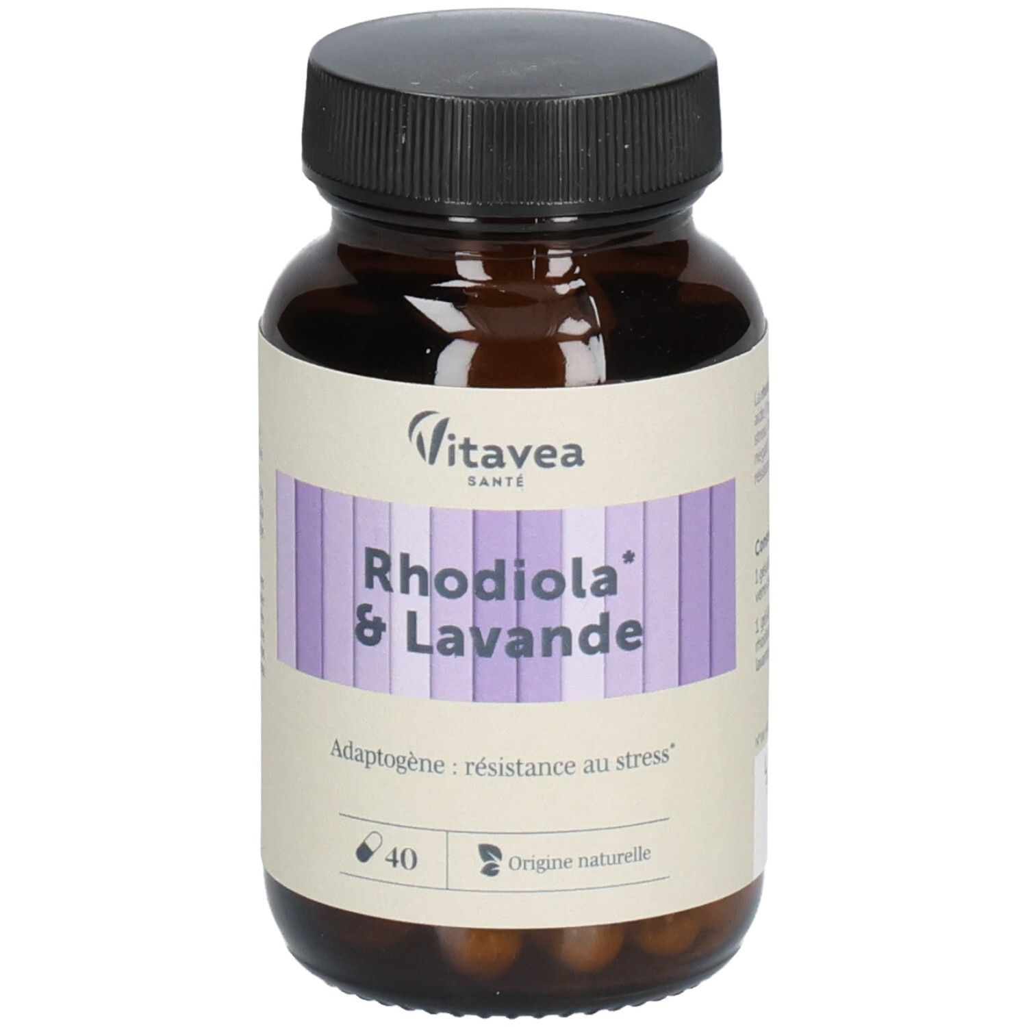 Flacon en verre brun, bouchon noir. Étiquette avec rayures violettes et texte: Rhodiola & Lavande. Marque: Vitaeave Santé. 40 gélules.