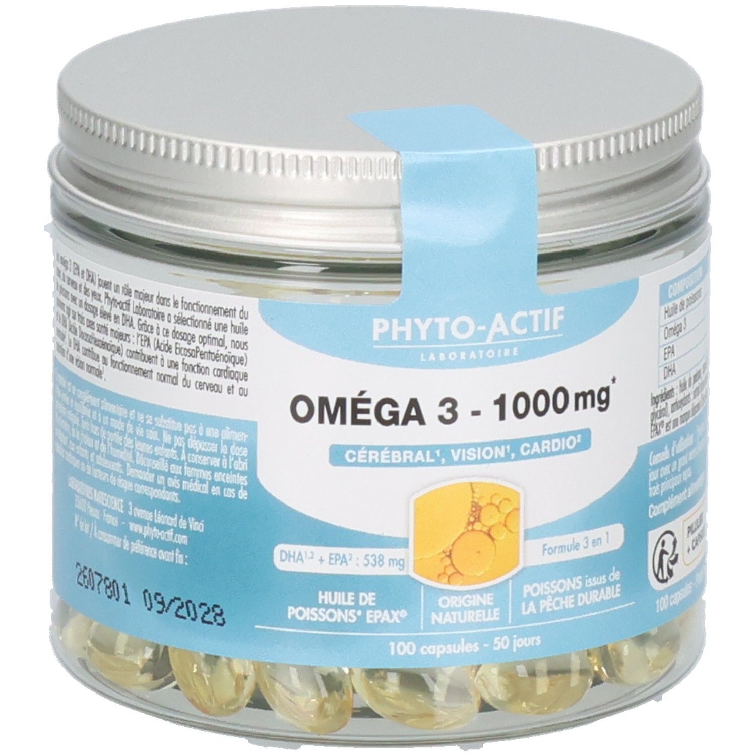 Pot en verre avec capsules. Étiquette avec nom du produit: Oméga 3 - 1000 mg. Marque: Phyto-Actif. Texte: Cérébral, Vision, Cardio. 100 capsules.