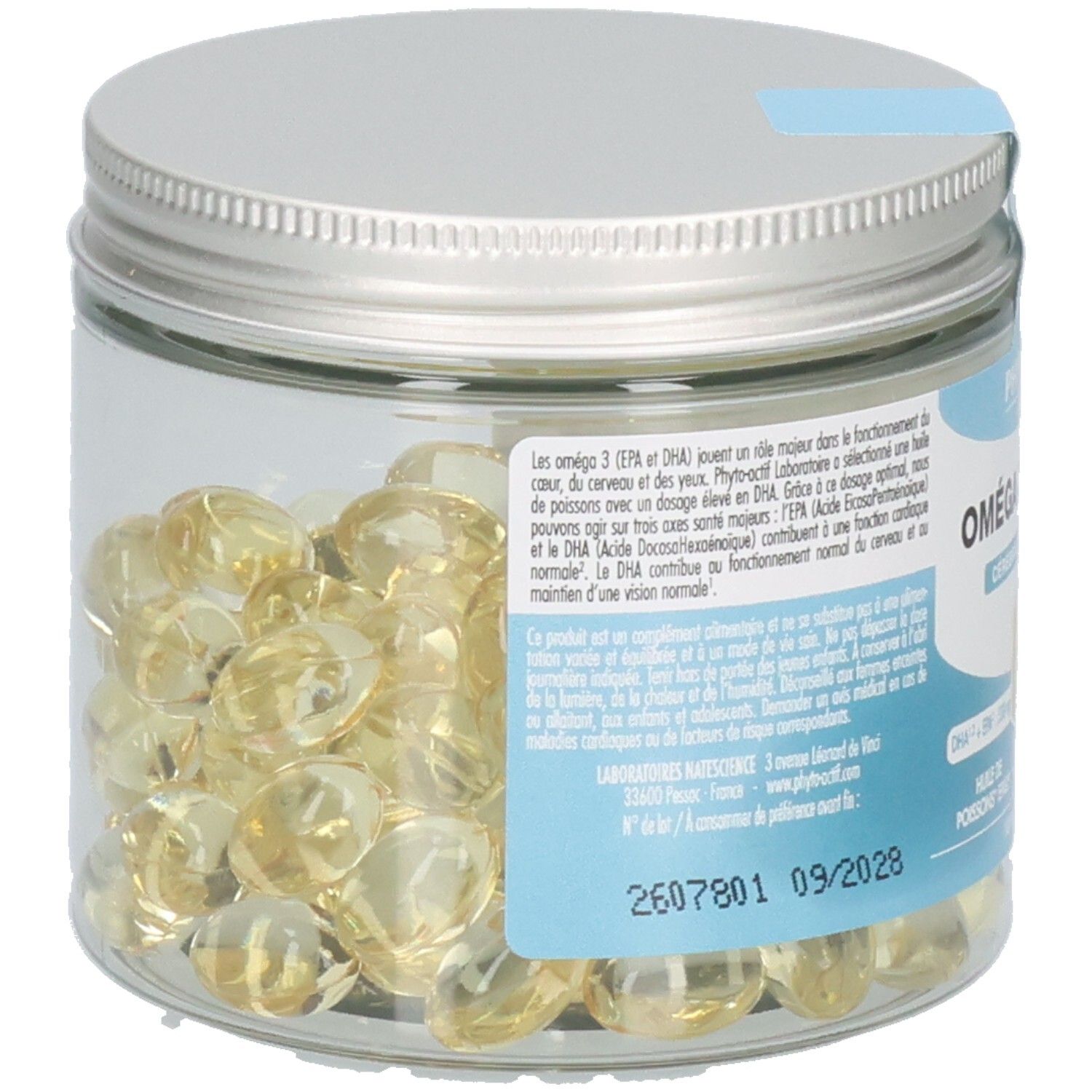 Pot en verre avec capsules. Étiquette avec informations sur le produit. Nom du produit non visible. Capsules dans le pot.