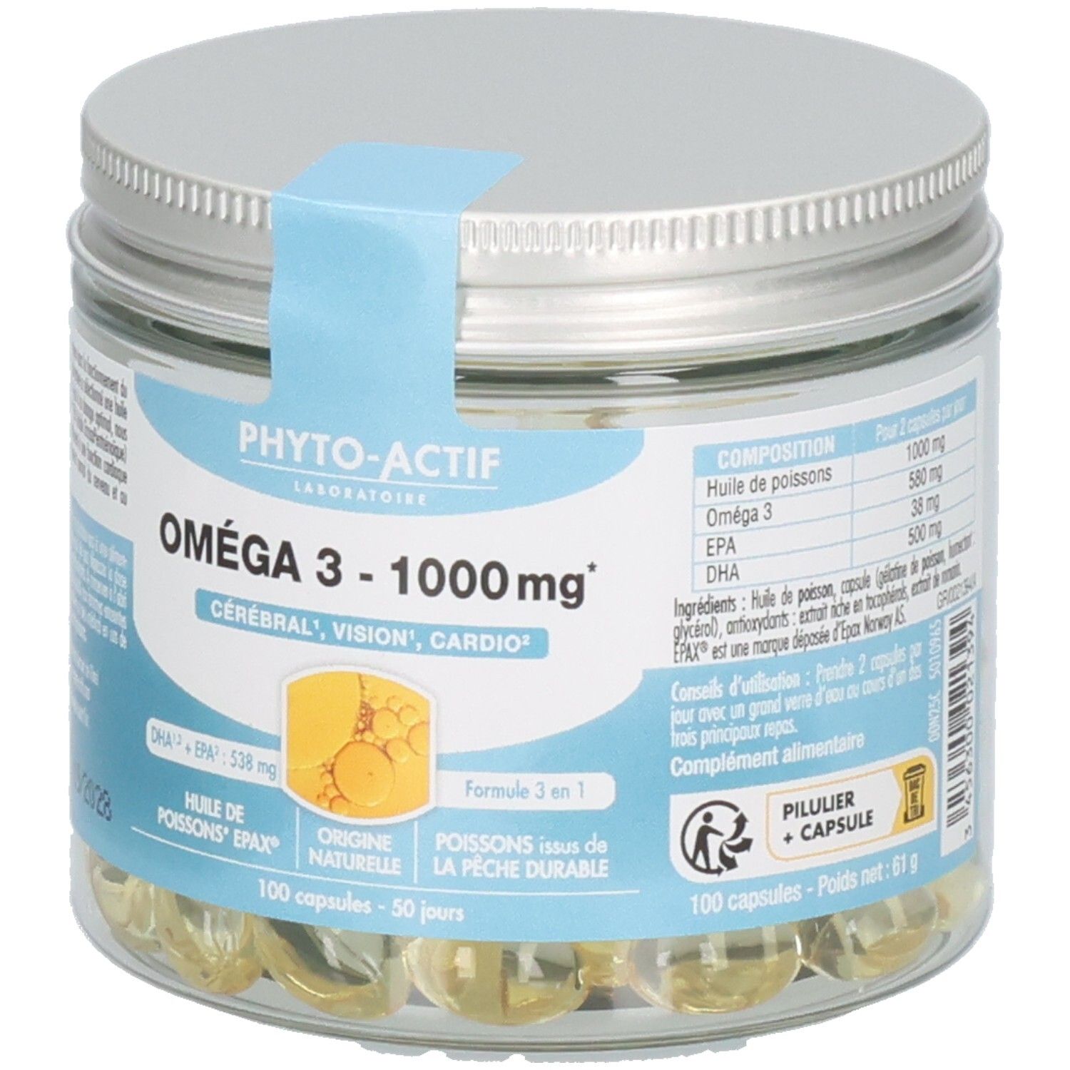 Pot en verre avec capsules. Étiquette avec nom du produit: Oméga 3 - 1000 mg. Marque: Phyto-Actif. Texte: Cérébral, Vision, Cardio. 100 capsules.