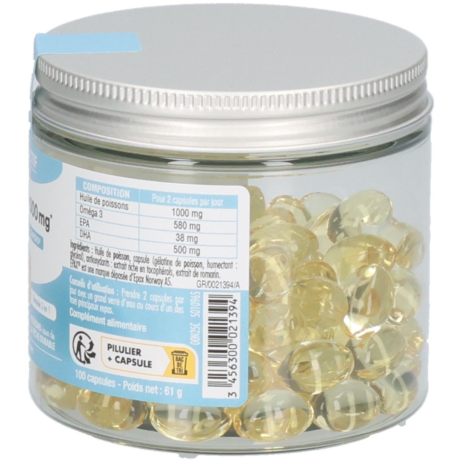 Pot en verre avec capsules. Étiquette avec informations sur le produit. Nom du produit partiellement visible. 100 capsules.