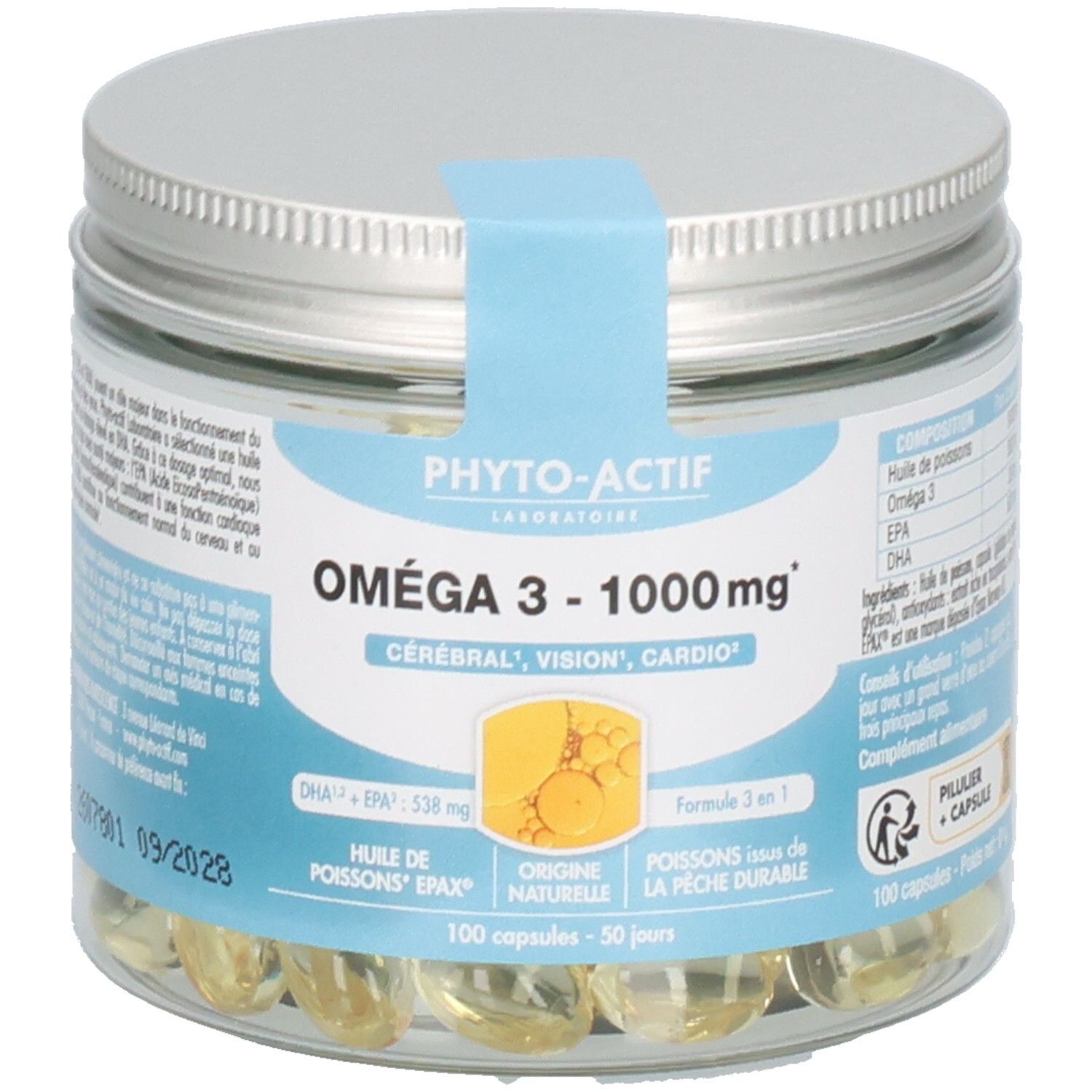 Pot en verre avec capsules. Étiquette avec nom du produit: Oméga 3 - 1000 mg. Marque: Phyto-Actif. Texte: Cérébral, Vision, Cardio. 100 capsules.