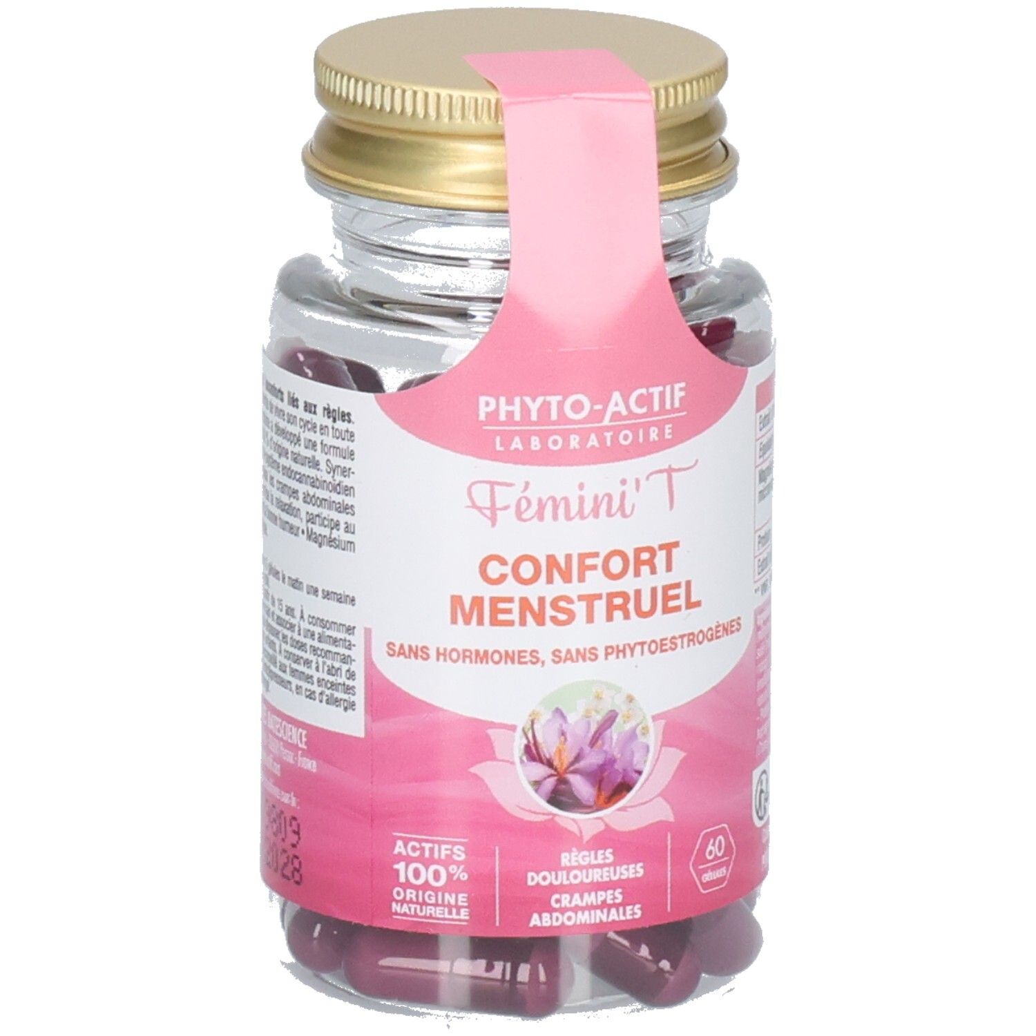 Flacon transparent avec gélules rouges. Étiquette rose avec nom du produit et logo. Bouchon doré.