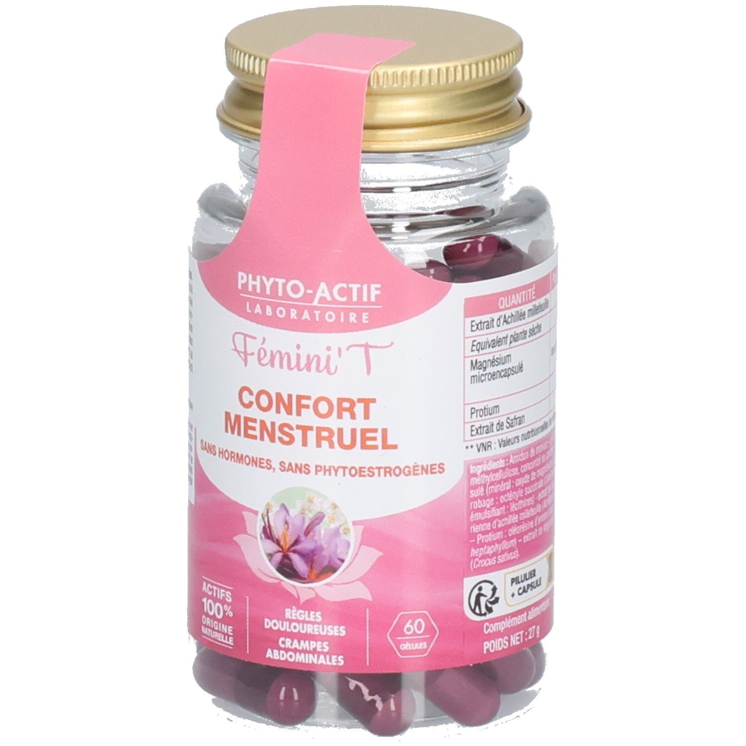 Flacon transparent avec gélules rouges. Étiquette rose avec nom du produit et logo. Bouchon doré.