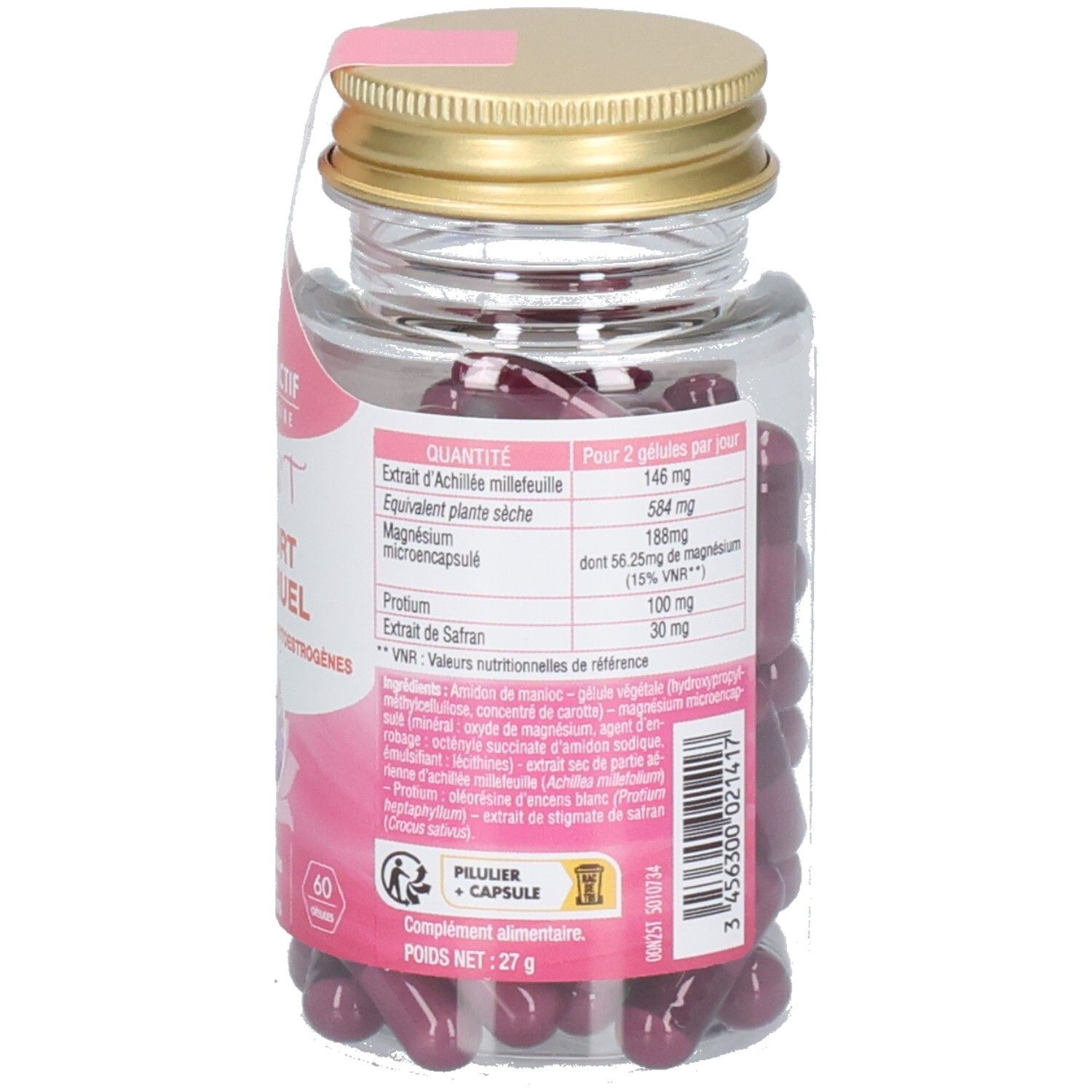 Vue arrière du flacon avec texte. Étiquette rose avec informations sur les ingrédients. Bouchon doré.